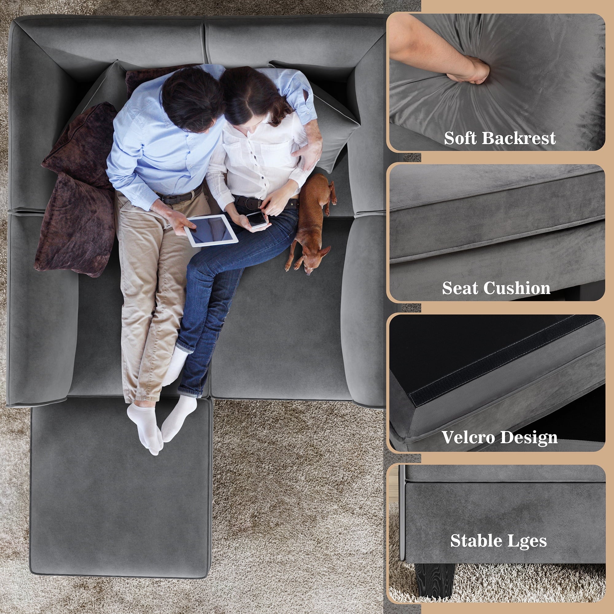 Sobaniilo 116" Sectional Sofa Couch with Reversible Chaise， Velvet L-Shaped Couch Sofa 4-seat Modular Large Sectional Couch with Ottoman for Living Room, Upholstered Cushion, Gray