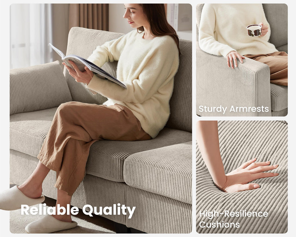 CHIC HOUSE 111" Sectional Sofa with Storage Ottoman Chaise, Corduroy U Shaped Sofa Convertible Sectional Couches for Living Room, 6 Seater Corner Modular Sofa with Deep Seat Throw Pillows,Beige