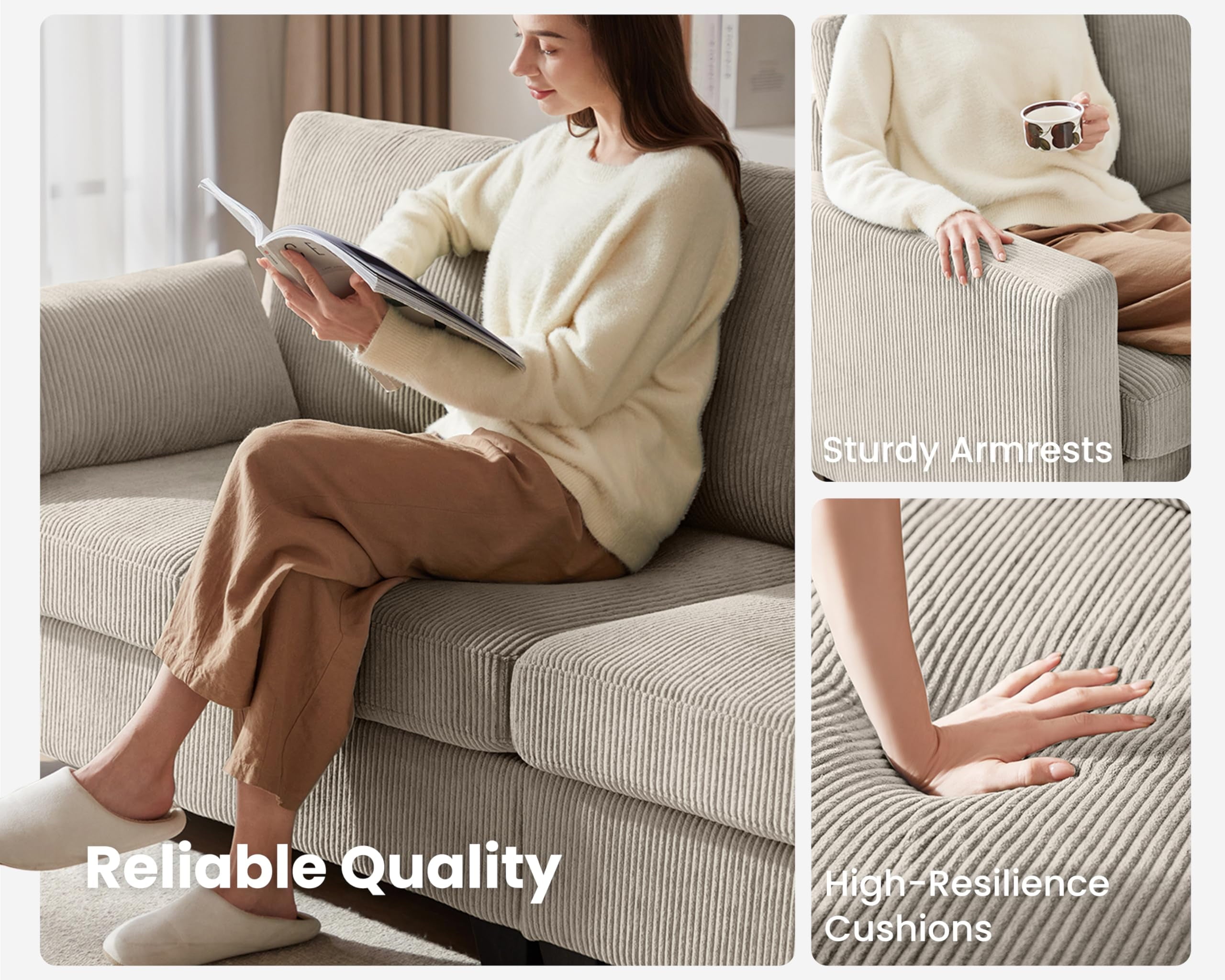 CHIC HOUSE 111" Sectional Sofa with Storage Ottoman Chaise, Corduroy U Shaped Sofa Convertible Sectional Couches for Living Room, 6 Seater Corner Modular Sofa with Deep Seat Throw Pillows,Beige