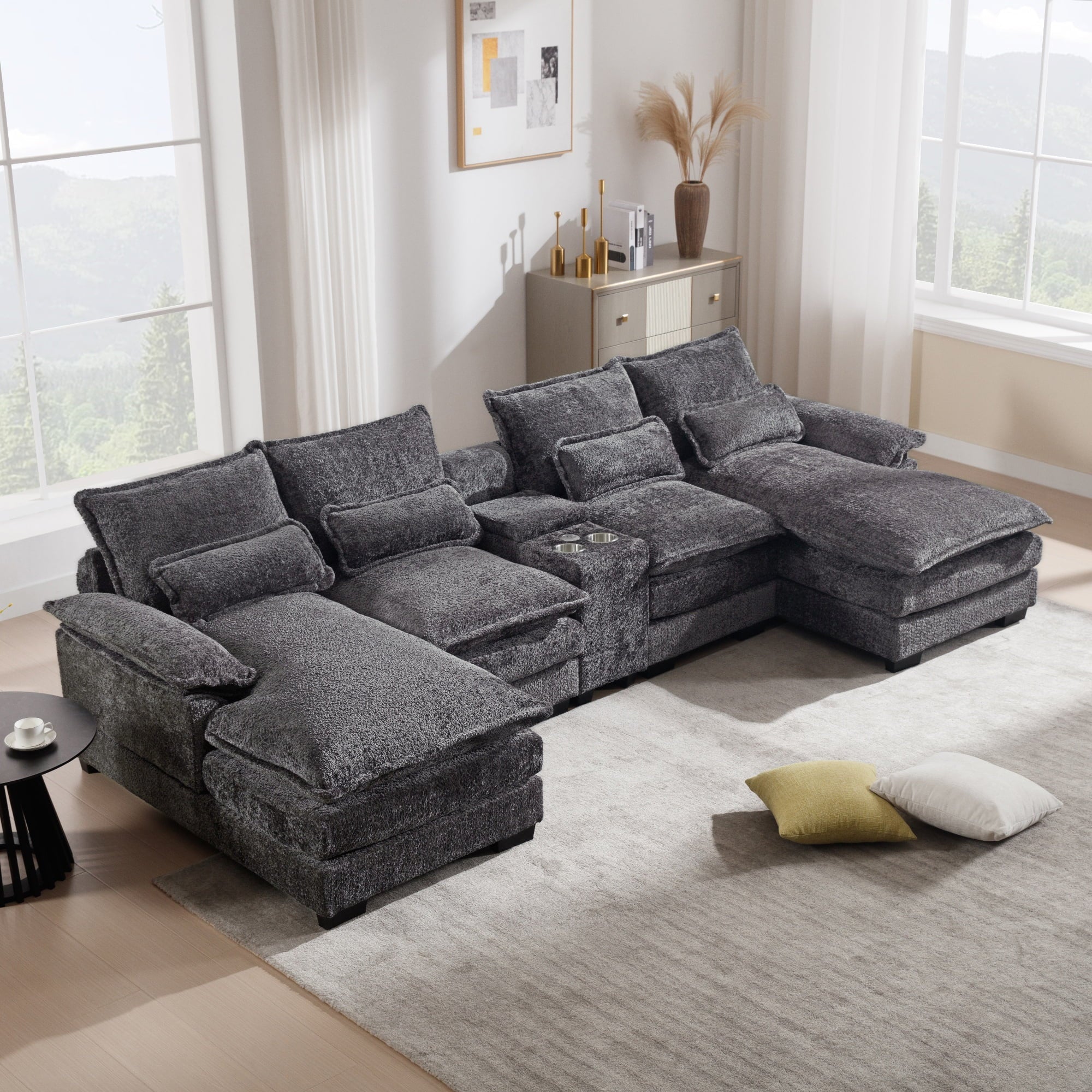 GNIXUU 124.8" U Shaped Cloud Couch with Chaise for Sleeper, Modern Sectional Couches for Living Room, Fluffy Chenille Couch with Console Plush Sofas for Apartment Dorm Office, Gray