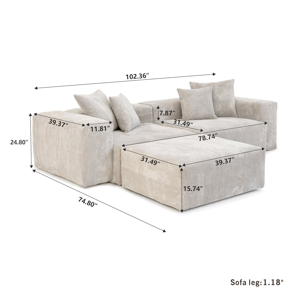 Magic Home Convertible Sectional Sofa Modular Couch,L-Shaped Modern Corduroy Sofa with Pillows for Living Room,Apartment and Small Space,2-Seat Sofa with one Ottoman,Beige