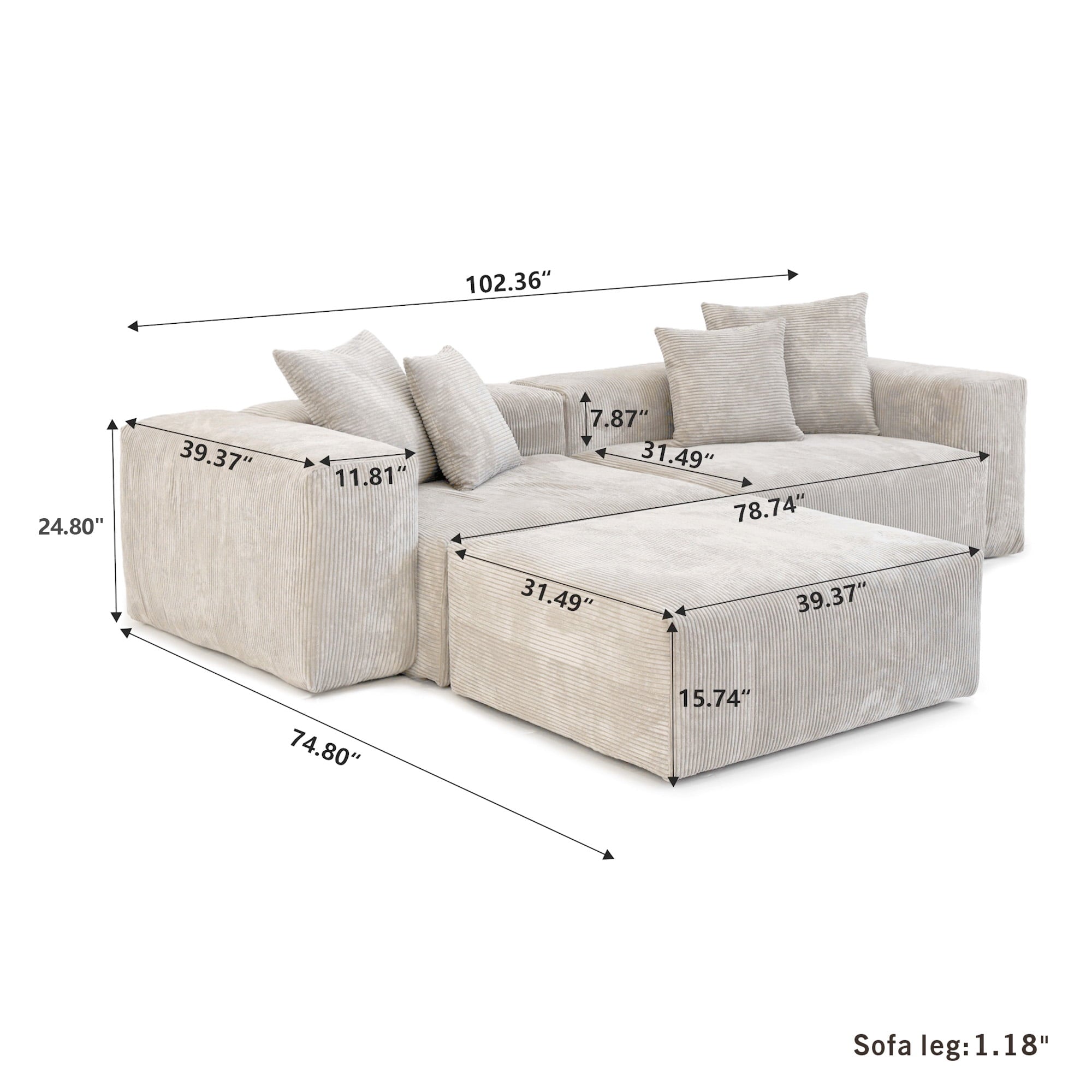 Magic Home Convertible Sectional Sofa Modular Couch,L-Shaped Modern Corduroy Sofa with Pillows for Living Room,Apartment and Small Space,2-Seat Sofa with one Ottoman,Beige