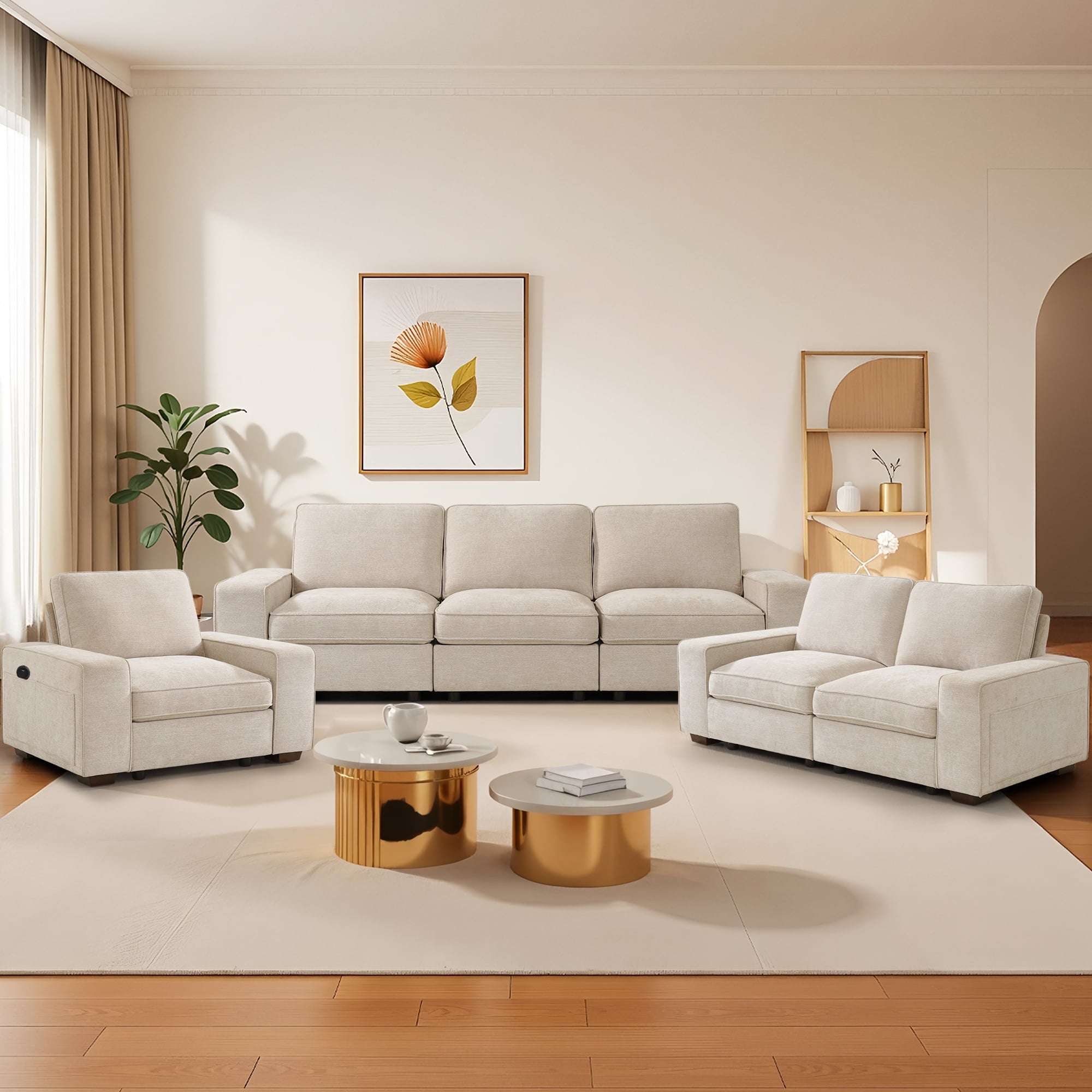 INGALIK 73"-128" Modern Modular Sofa with Seats Storage, Oversized 2-Seater Sectional Couch with Removable Cover, Side Pockets, USB Type-C Ports (Beige)