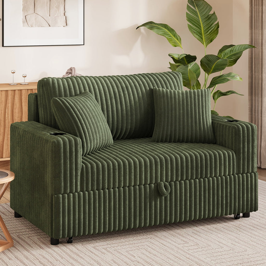 HONBAY Green 52” 3-in-1 Convertible Pull-Out Sofa Bed Sleeper Loveseat with Reclining Backrest, Built-in Cup Holders, Pet-Friendly Corduroy Sofa for Small Space