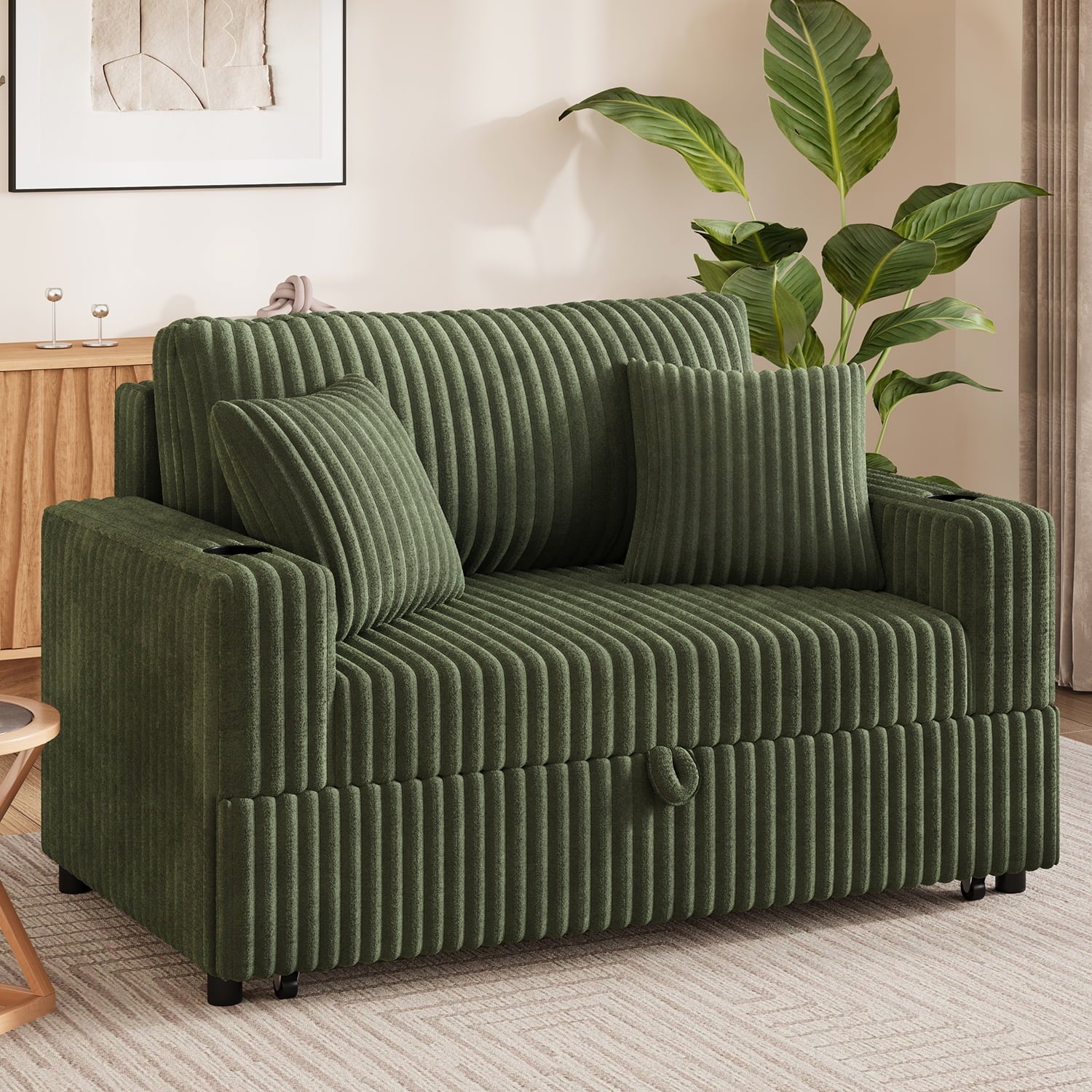 HONBAY Green 52” 3-in-1 Convertible Pull-Out Sofa Bed Sleeper Loveseat with Reclining Backrest, Built-in Cup Holders, Pet-Friendly Corduroy Sofa for Small Space