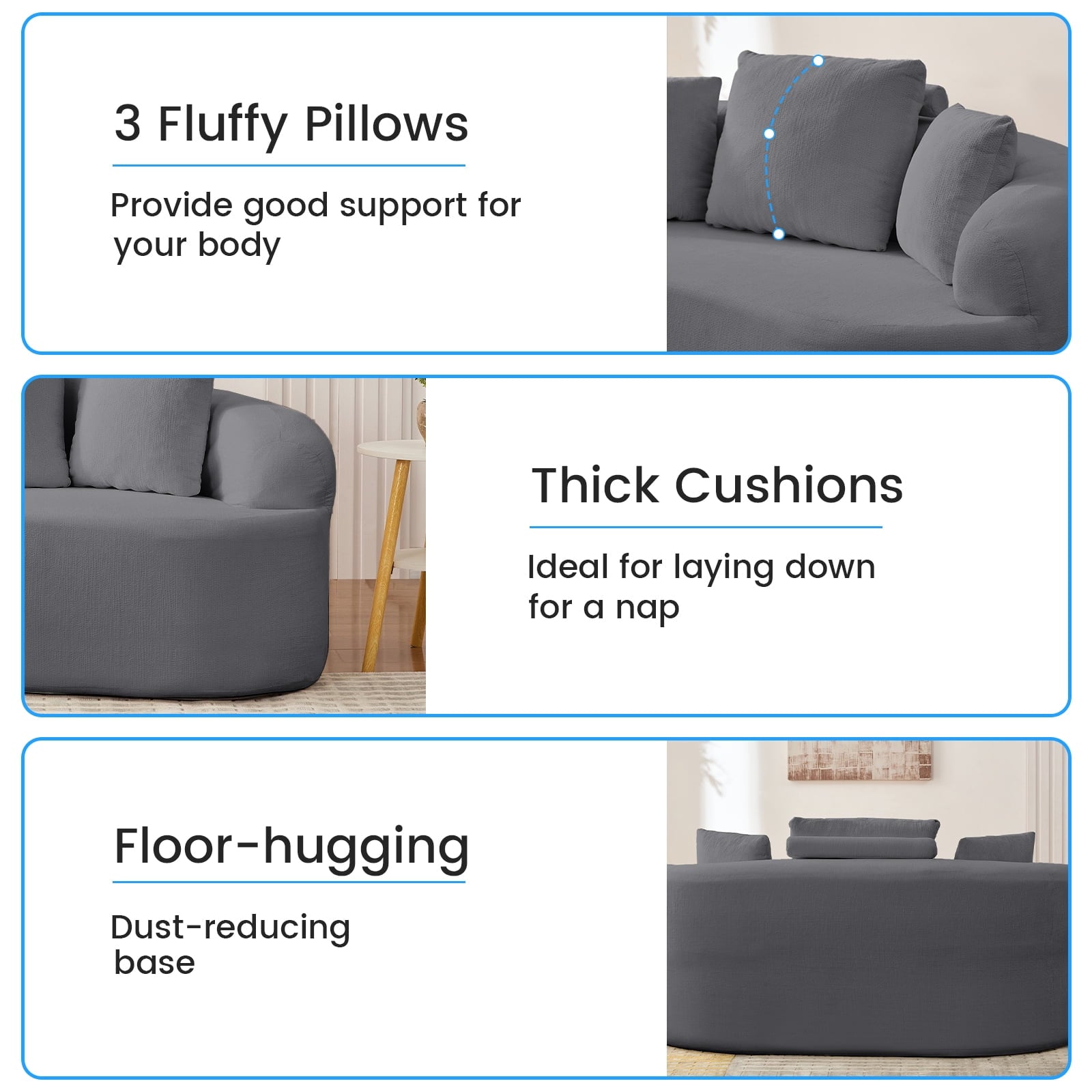 Puremind 67"W Curved Loveseat, Upholstered Chenille Sofa with Three Throw Pillows, Floor Sofa Couch for Living Room/Small Space, No Assembly Required, Dark Gray