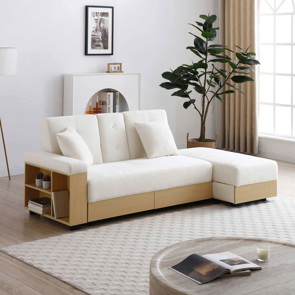 Resenkos Convertible Sleeper Sofa Couch, Double Folding Sofa Bed, Storage Ottoman, Arm Box/Drawer, Drop-Down Table - Beige