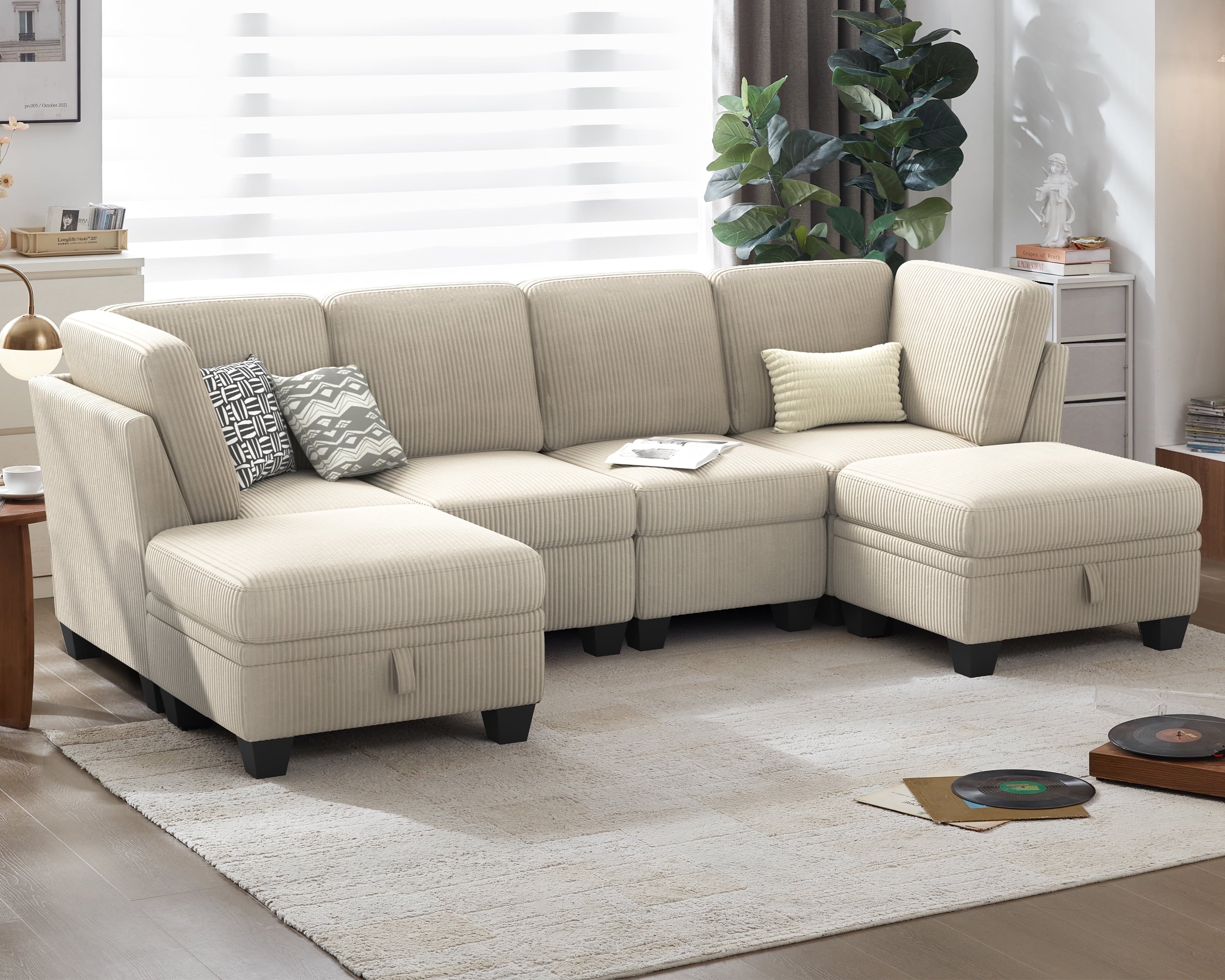 CHIC HOUSE 111" Sectional Sofa with Storage Ottoman Chaise, Corduroy U Shaped Sofa Convertible Sectional Couches for Living Room, 6 Seater Corner Modular Sofa with Deep Seat Throw Pillows,Beige