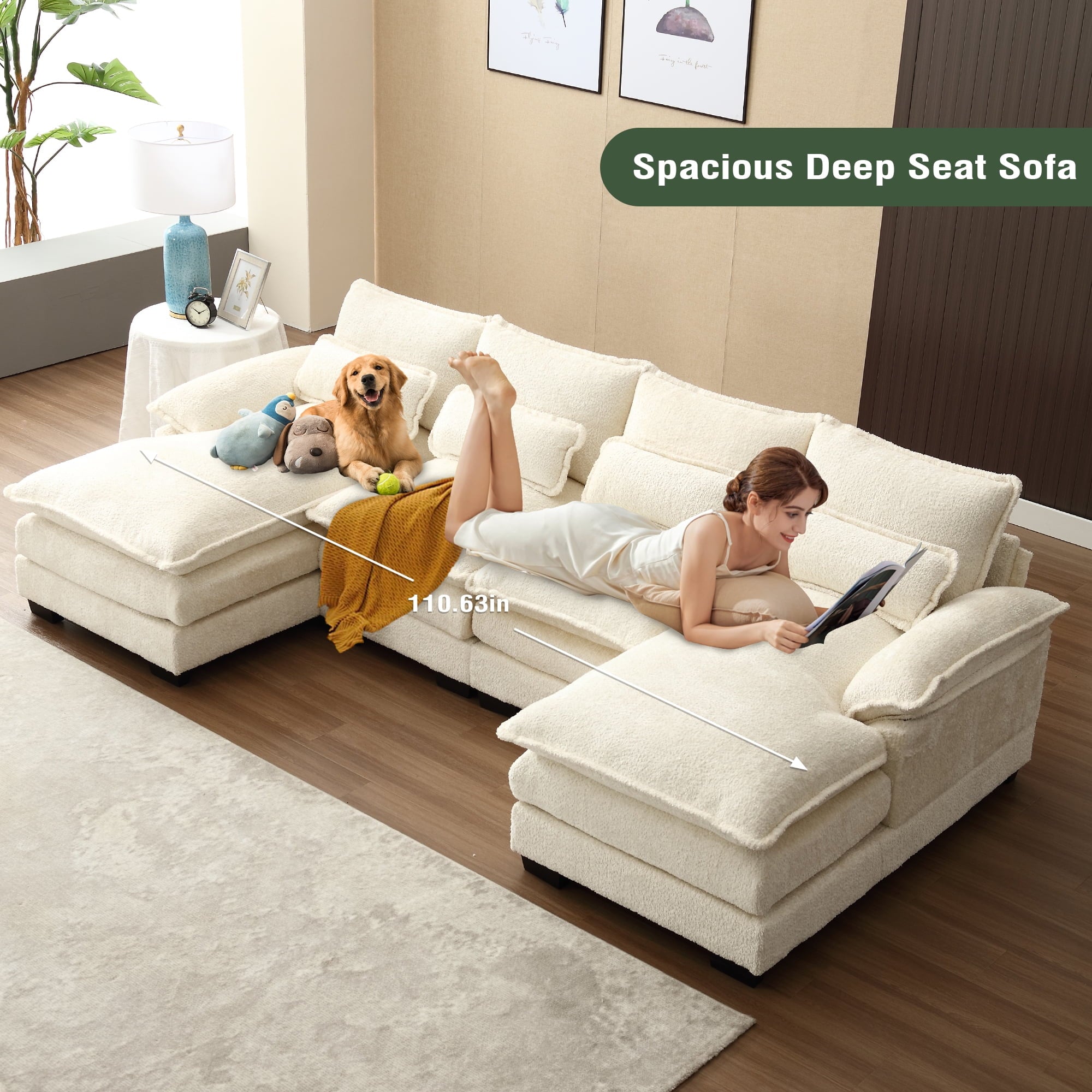 Villeston Modern U-Shape Sectional Sofa , 4 Seat Lounge Sleeper with Double Chaise for Living Room,Beige