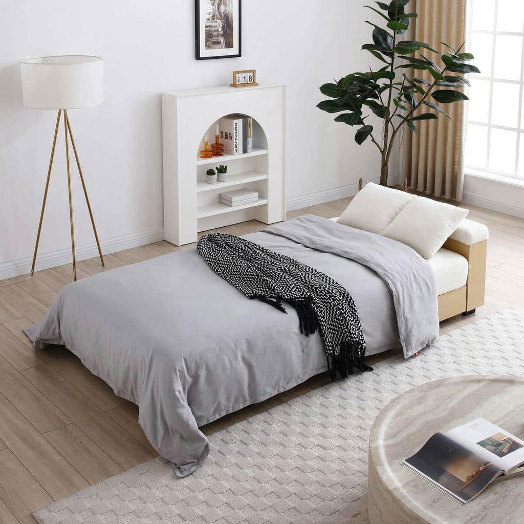 Resenkos Convertible Sleeper Sofa Couch, Double Folding Sofa Bed, Storage Ottoman, Arm Box/Drawer, Drop-Down Table - Beige