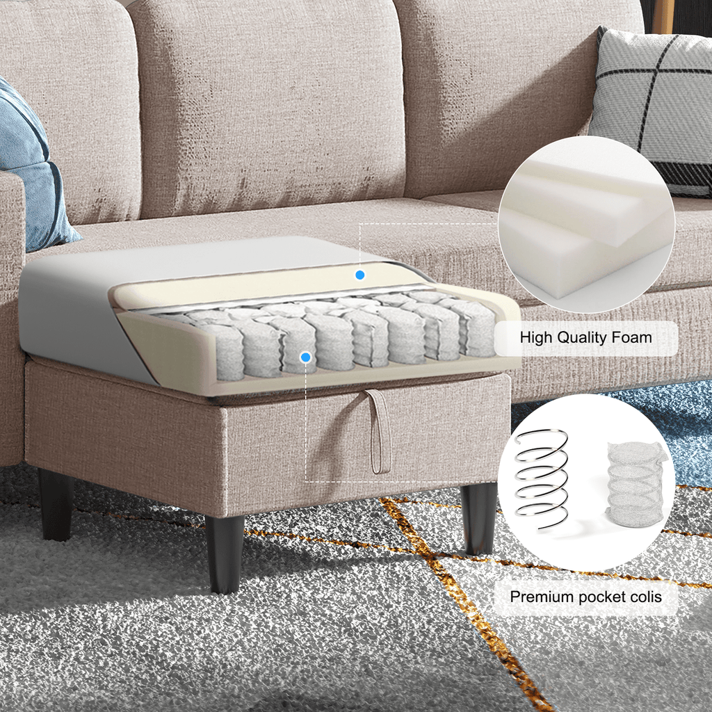 MUZZ Sectional Sofa with Movable Storage Ottoman, Small L-Shaped Sectional Couch for Living Room/Apartment/Small Space, Beige