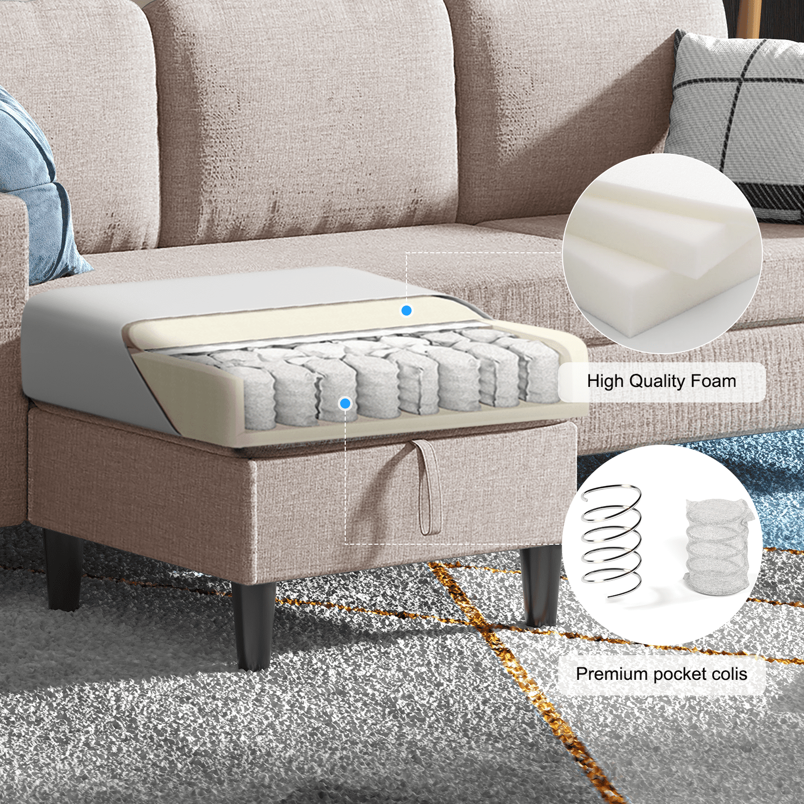 MUZZ Sectional Sofa with Movable Storage Ottoman, Small L-Shaped Sectional Couch for Living Room/Apartment/Small Space, Beige