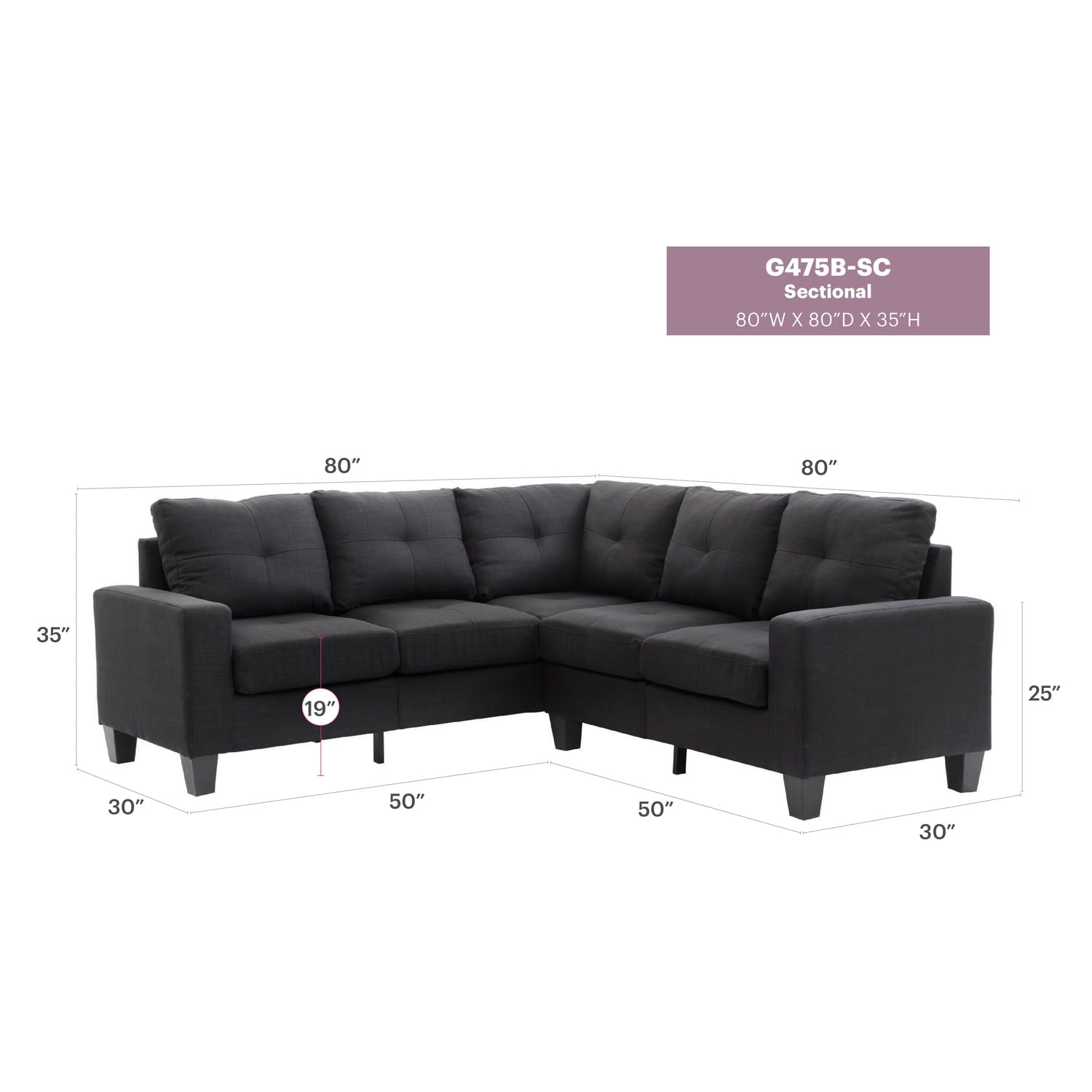 Glory Furniture Newbury Twill Fabric Sectional in Black