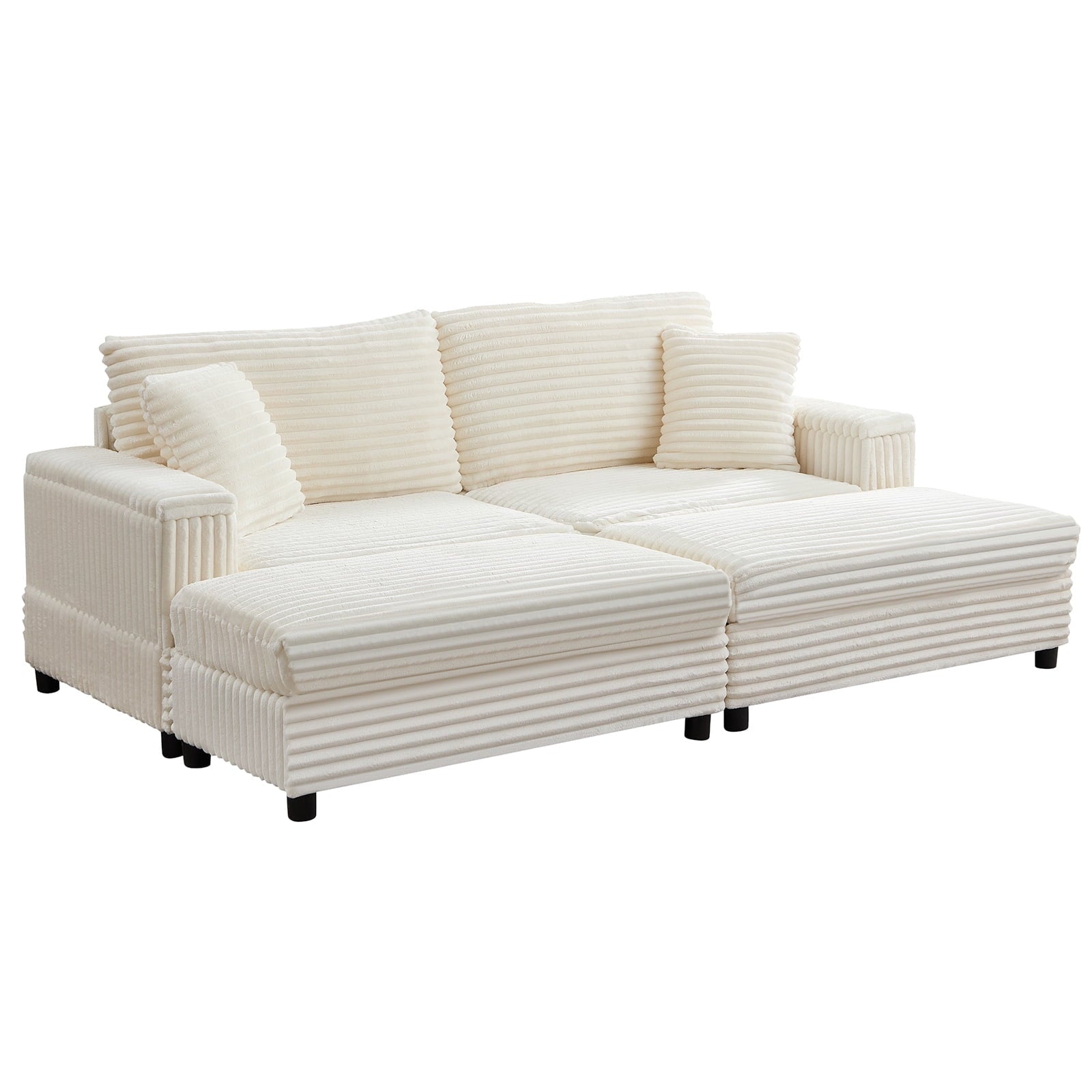 Mjkone 85’’ Loveseat Sectional Sofa with 2 Ottoman,Corduroy Deep Seat Couch with Storage Armrests Living Room Furniture,Beige