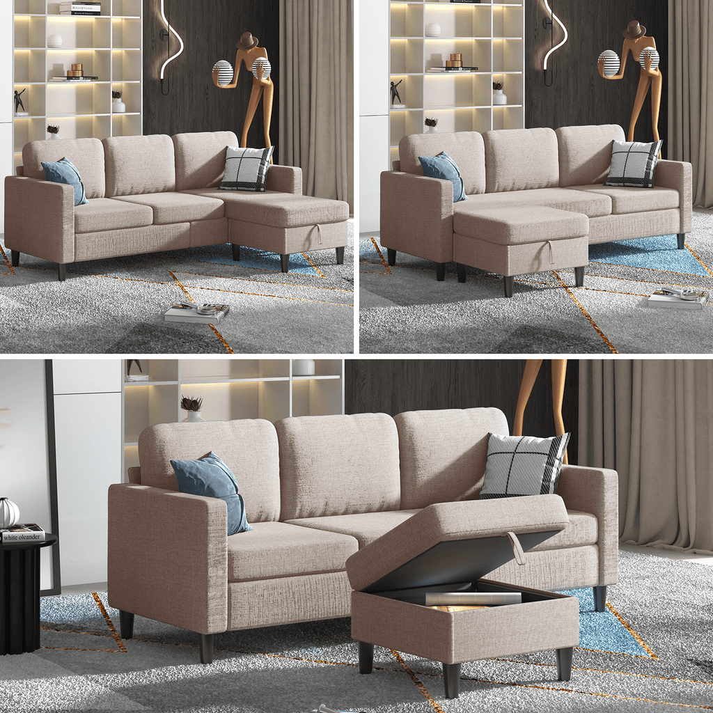 MUZZ Sectional Sofa with Movable Storage Ottoman, Small L-Shaped Sectional Couch for Living Room/Apartment/Small Space, Beige