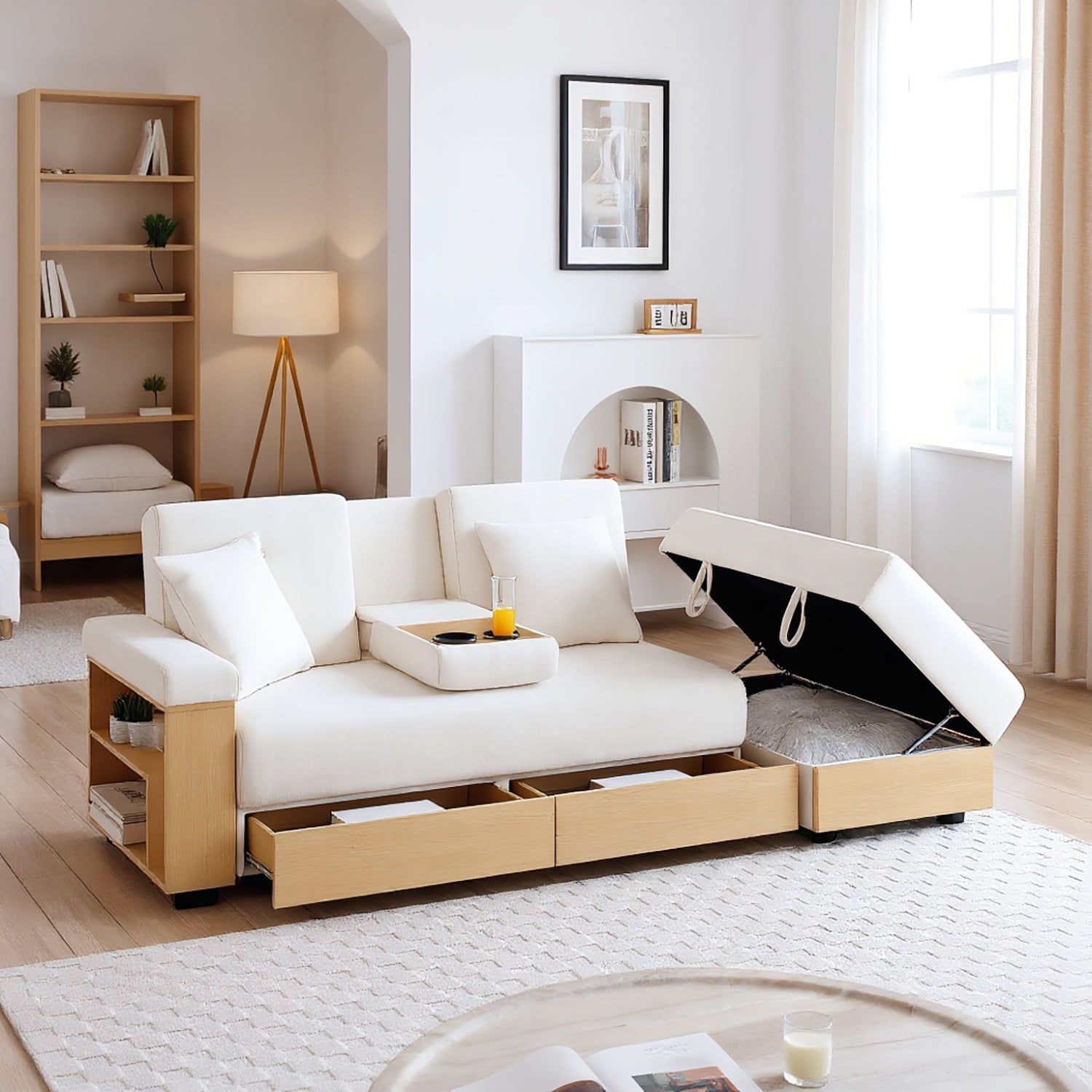 Resenkos Convertible Sleeper Sofa Couch, Double Folding Sofa Bed, Storage Ottoman, Arm Box/Drawer, Drop-Down Table - Beige