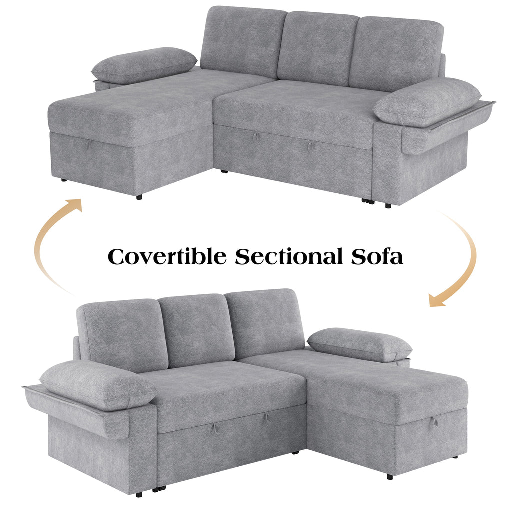 VANACC 91" Sectional Sofa Bed with Storage,Reversible Pull Out Sleeper Couch for Living Room,Grey