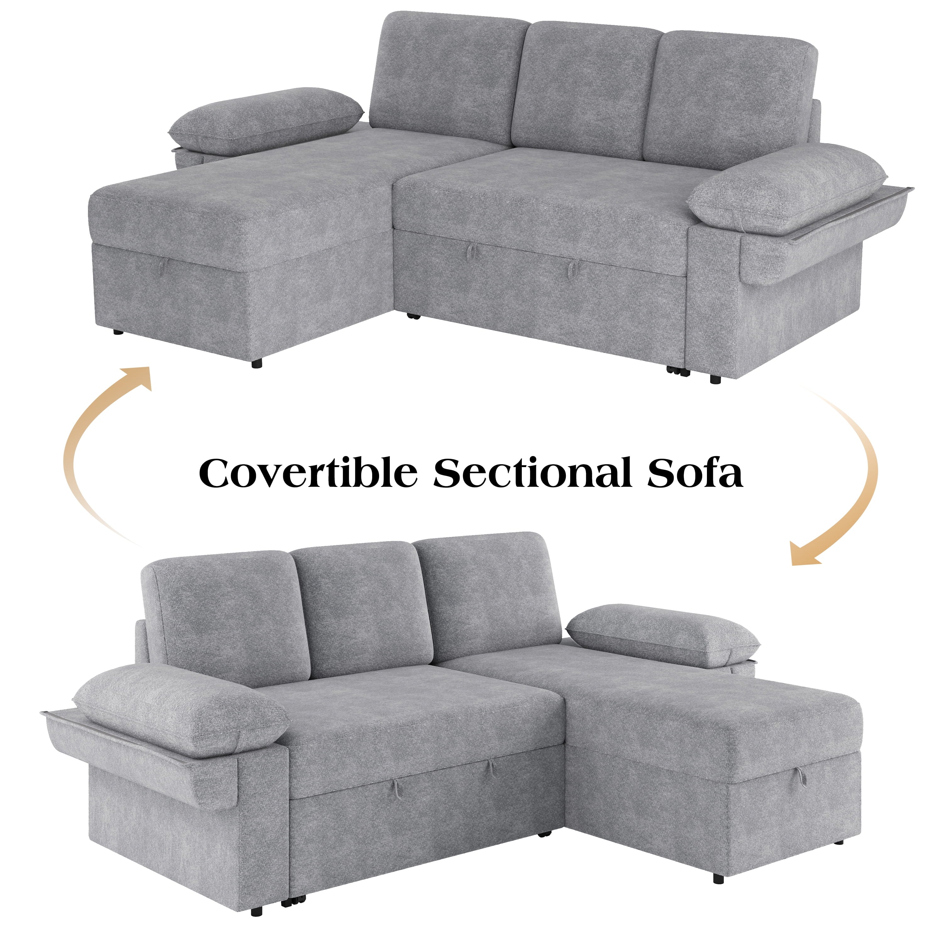 VANACC 91" Sectional Sofa Bed with Storage,Reversible Pull Out Sleeper Couch for Living Room,Grey