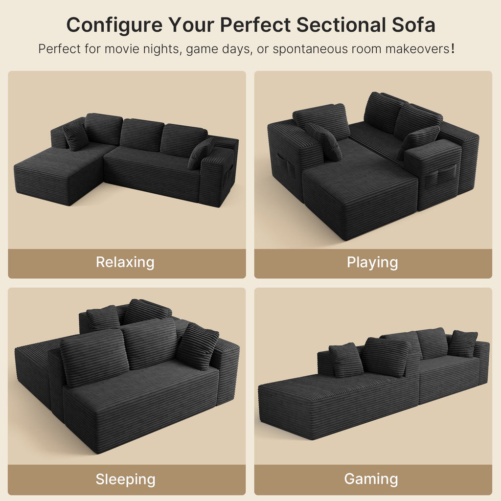 Modular Sectional Sofa, Lofka 105" Cloud Boneless Couch with L-Shape Chaise, No-Assembly Corduroy Couches for Living Room, Bedroom, Black Couch