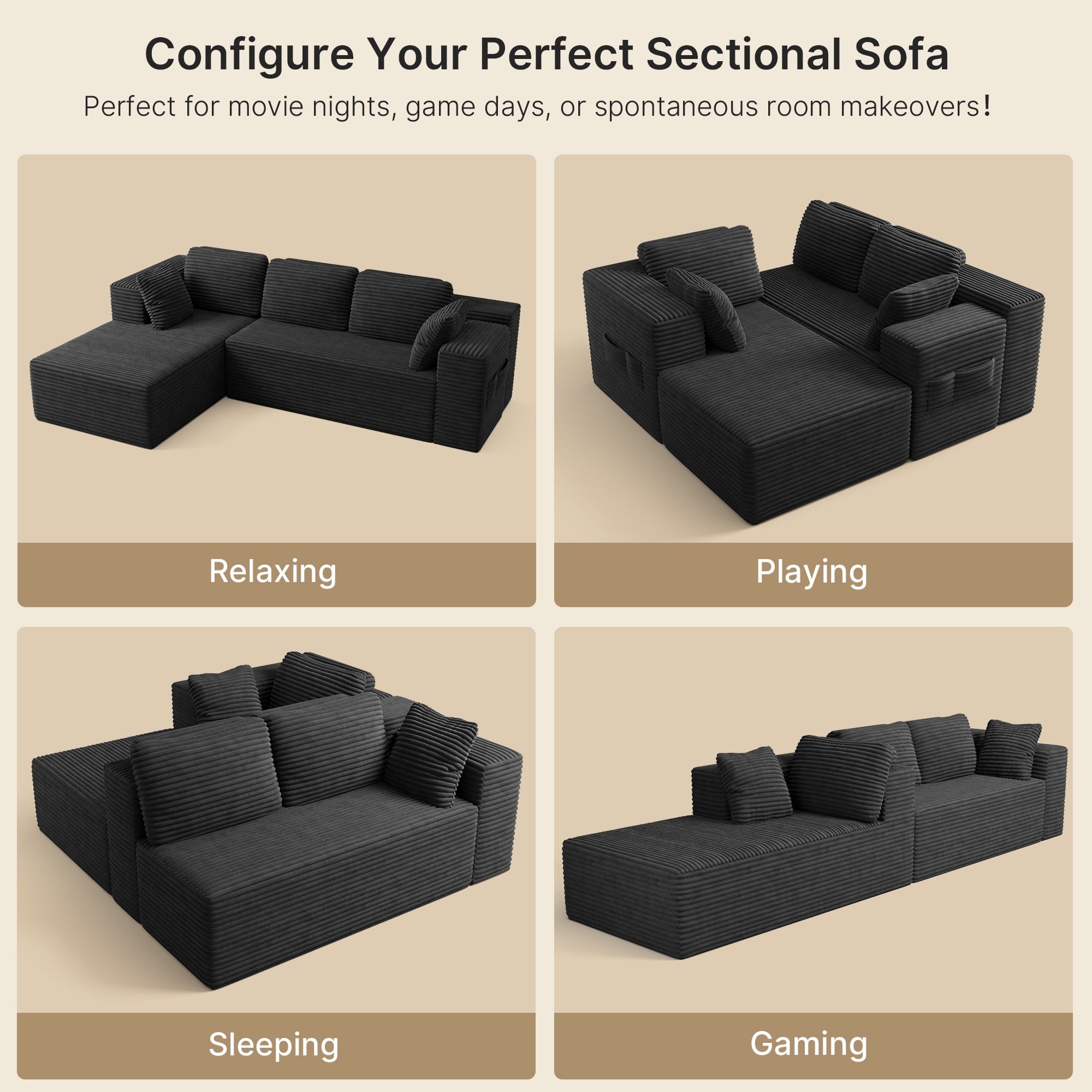 Modular Sectional Sofa, Lofka 105" Cloud Boneless Couch with L-Shape Chaise, No-Assembly Corduroy Couches for Living Room, Bedroom, Black Couch