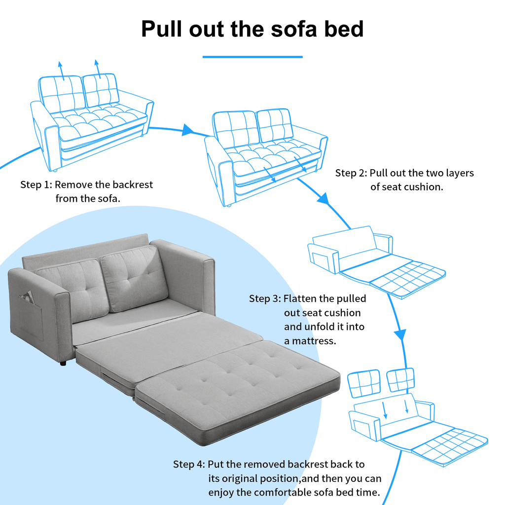 BALUS Loveseat Sleeper Sofa, 55.5"*84.5" Convertible Futon Sofa Bed with Pull out Couch, Folding couch bed,Linen, Light Grey