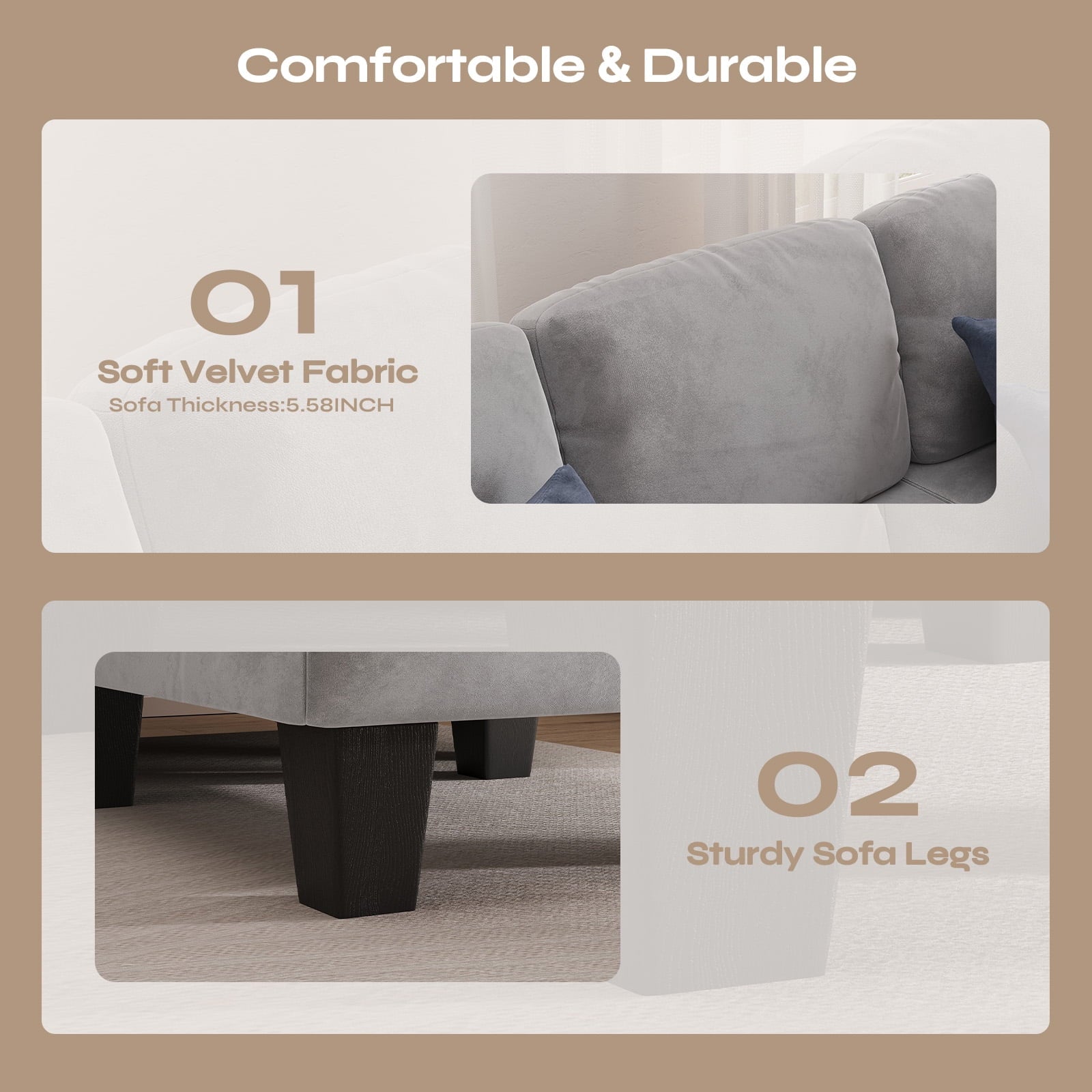 Pinmoco L-Shaped Sectional Sofa Couch for Living Room, 3 Seat Velvet Convertible Sofa with Movable Storage Ottoman and Side Pockets, Gray