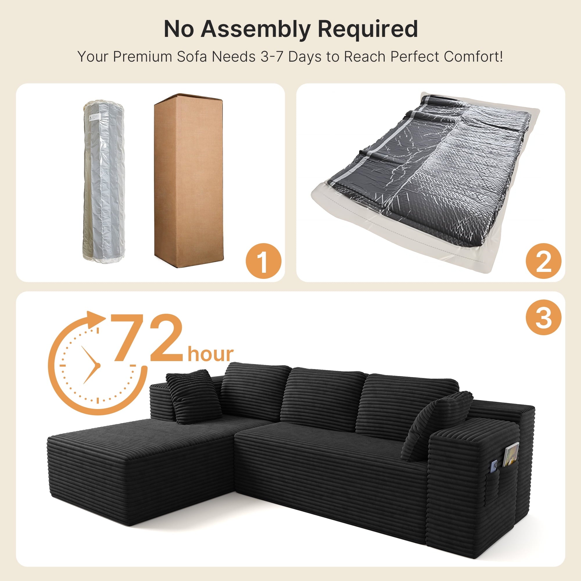 Modular Sectional Sofa, Lofka 105" Cloud Boneless Couch with L-Shape Chaise, No-Assembly Corduroy Couches for Living Room, Bedroom, Black Couch