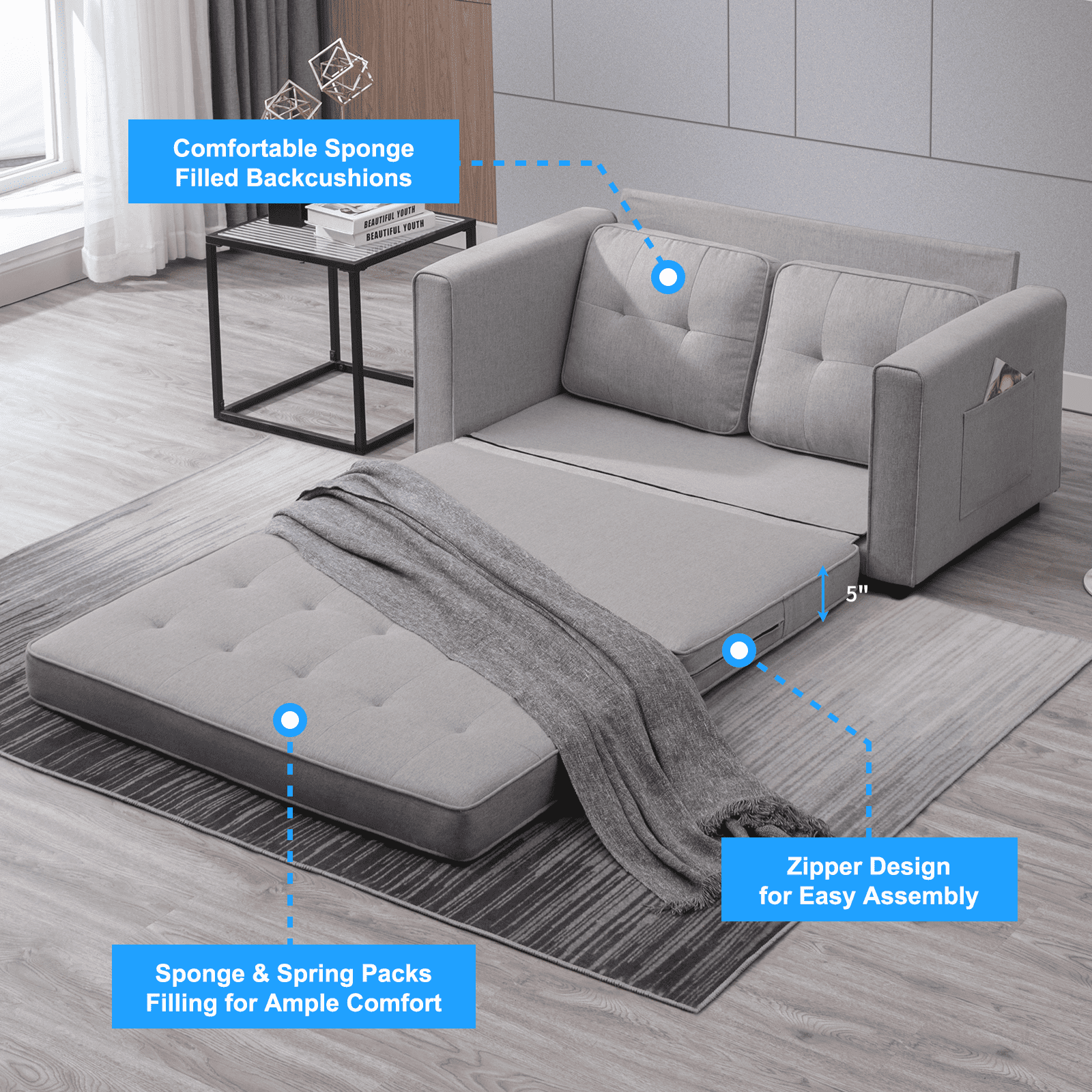 BALUS Loveseat Sleeper Sofa, 55.5"*84.5" Convertible Futon Sofa Bed with Pull out Couch, Folding couch bed,Linen, Light Grey
