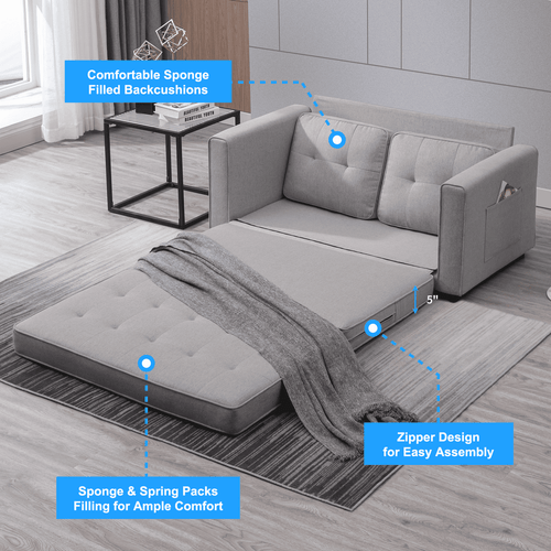 BALUS Loveseat Sleeper Sofa, 55.5"*84.5" Convertible Futon Sofa Bed with Pull out Couch, Folding couch bed,Linen, Light Grey
