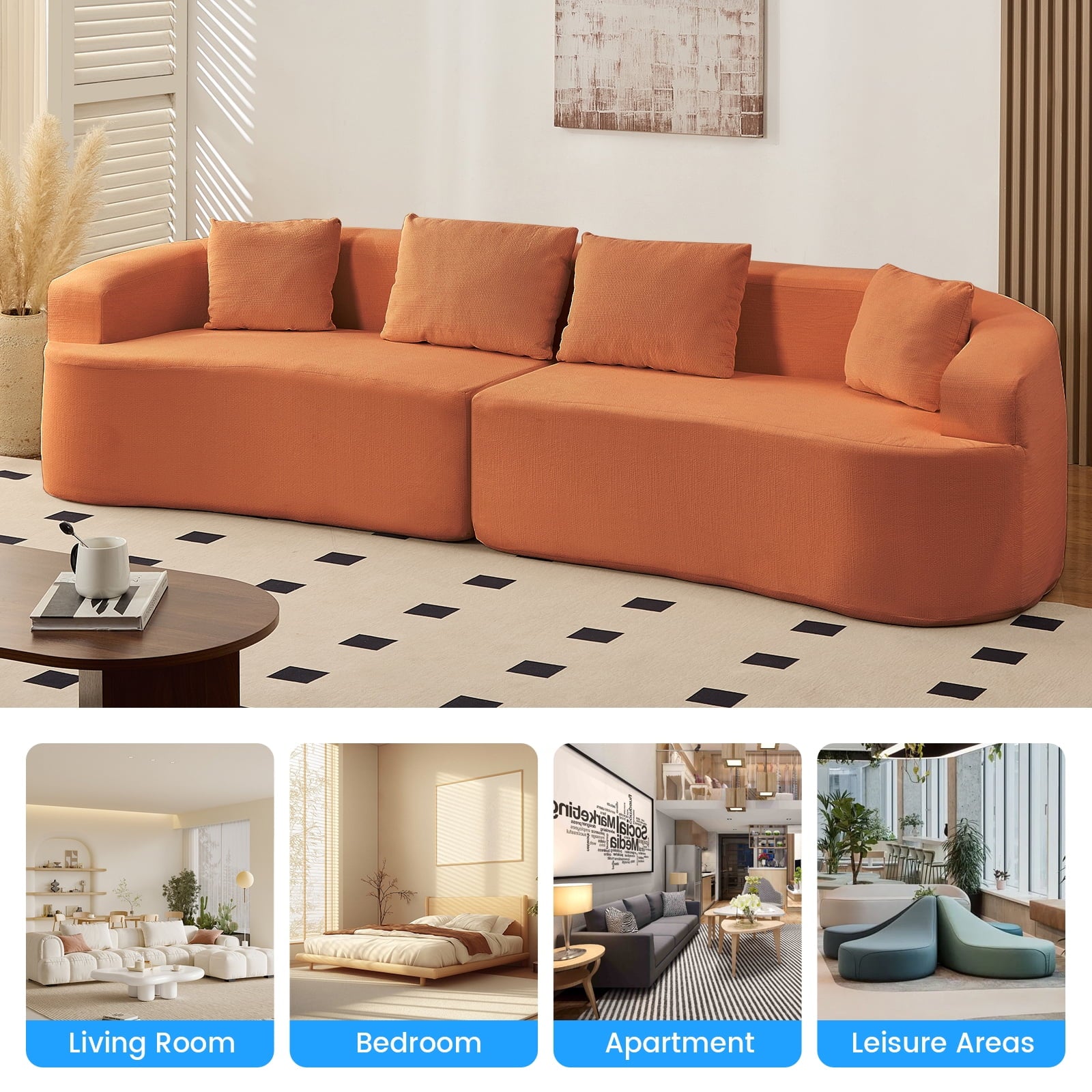 ZAFLY 113”w Oversized Sofa, Deep Seat Cloud Couch with 4 Cushions, Modern Curved Couch for Living Room, No Assembly Required - Orange