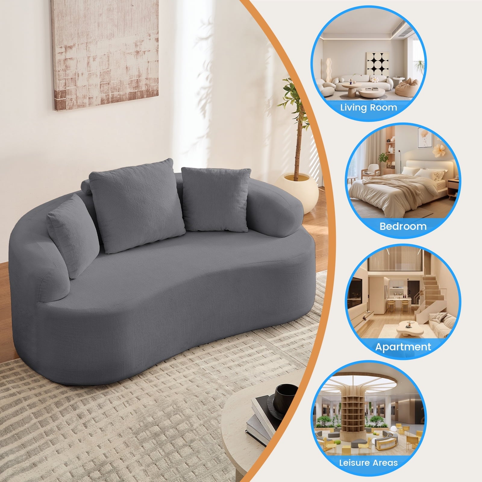 Puremind 67"W Curved Loveseat, Upholstered Chenille Sofa with Three Throw Pillows, Floor Sofa Couch for Living Room/Small Space, No Assembly Required, Dark Gray