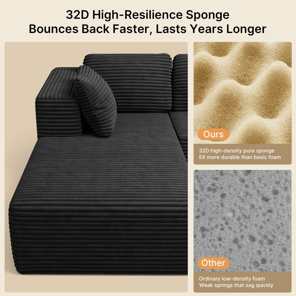 Modular Sectional Sofa, Lofka 105" Cloud Boneless Couch with L-Shape Chaise, No-Assembly Corduroy Couches for Living Room, Bedroom, Black Couch