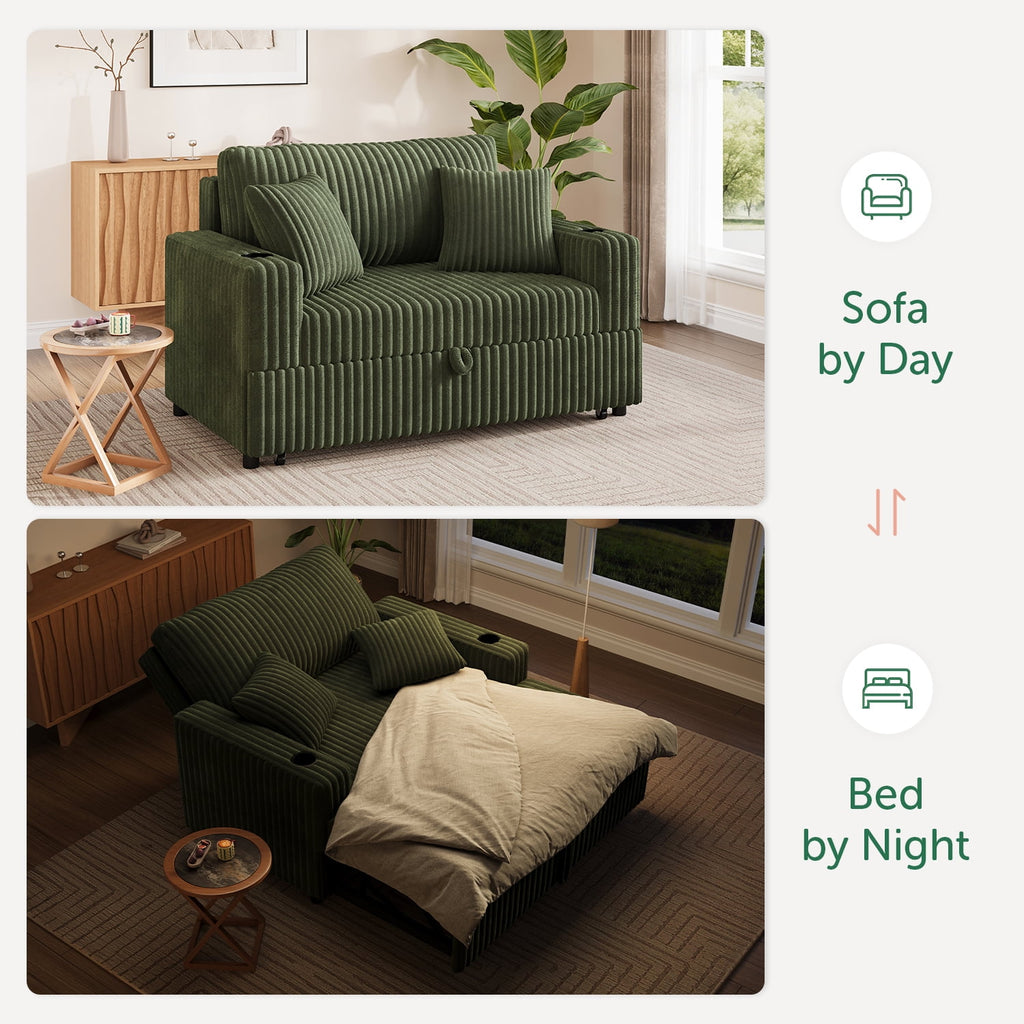 HONBAY Green 52” 3-in-1 Convertible Pull-Out Sofa Bed Sleeper Loveseat with Reclining Backrest, Built-in Cup Holders, Pet-Friendly Corduroy Sofa for Small Space