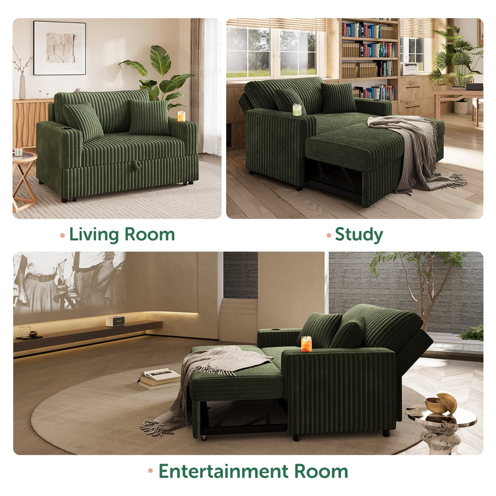 HONBAY Green 52” 3-in-1 Convertible Pull-Out Sofa Bed Sleeper Loveseat with Reclining Backrest, Built-in Cup Holders, Pet-Friendly Corduroy Sofa for Small Space