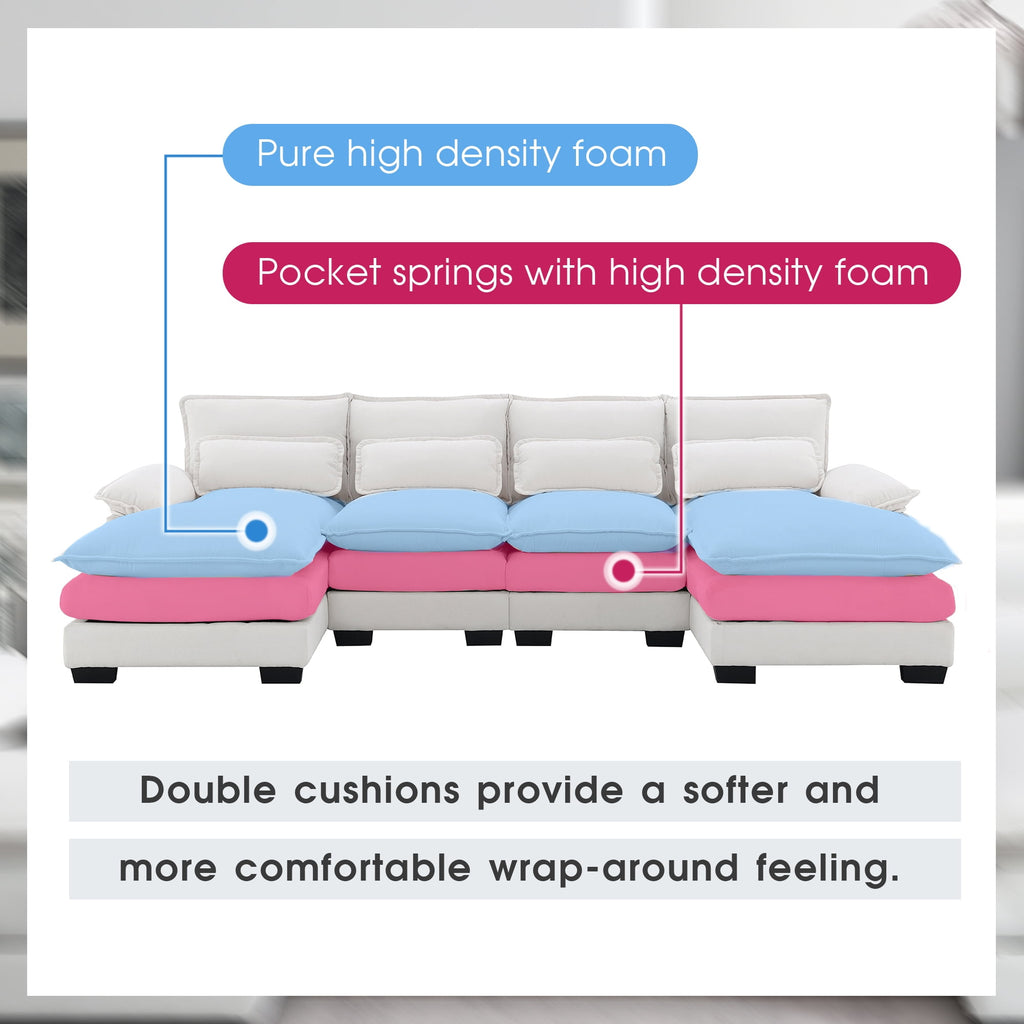 EUROCO 109.8” U-shaped Sectional Sofa Couch, 6-Seat Sofa  with Waist Pillows,Modern Chenille Modular Sofa Sleeper  with Double Chaise for Living Room, Apartment, White