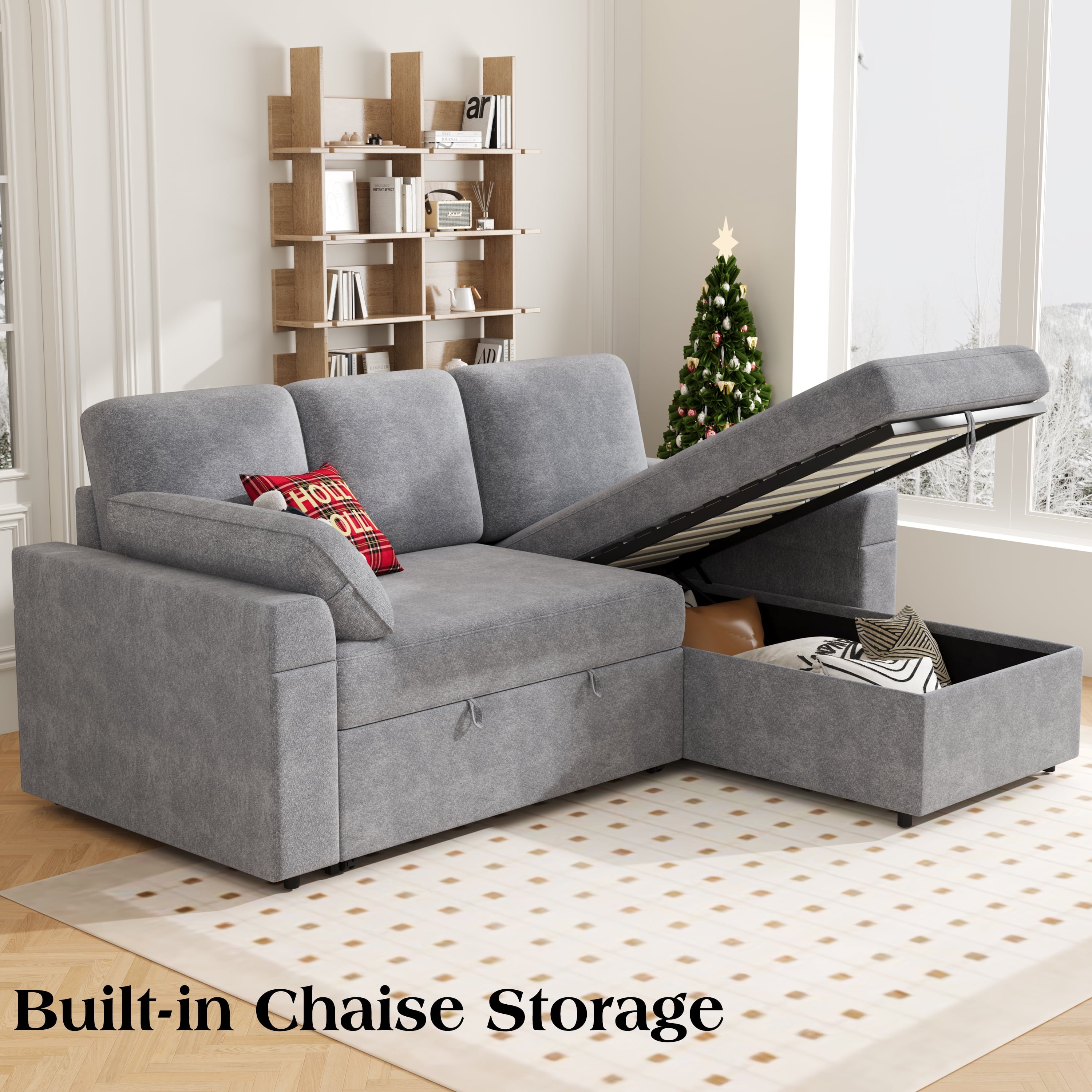 VANACC 91" Sectional Sofa Bed with Storage,Reversible Pull Out Sleeper Couch for Living Room,Grey