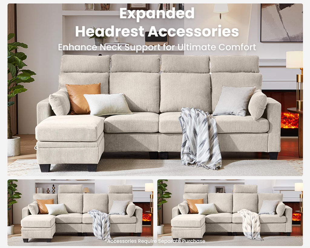 CHIC HOUSE 111" Sectional Sofa with Storage Ottoman Chaise, Corduroy U Shaped Sofa Convertible Sectional Couches for Living Room, 6 Seater Corner Modular Sofa with Deep Seat Throw Pillows,Beige