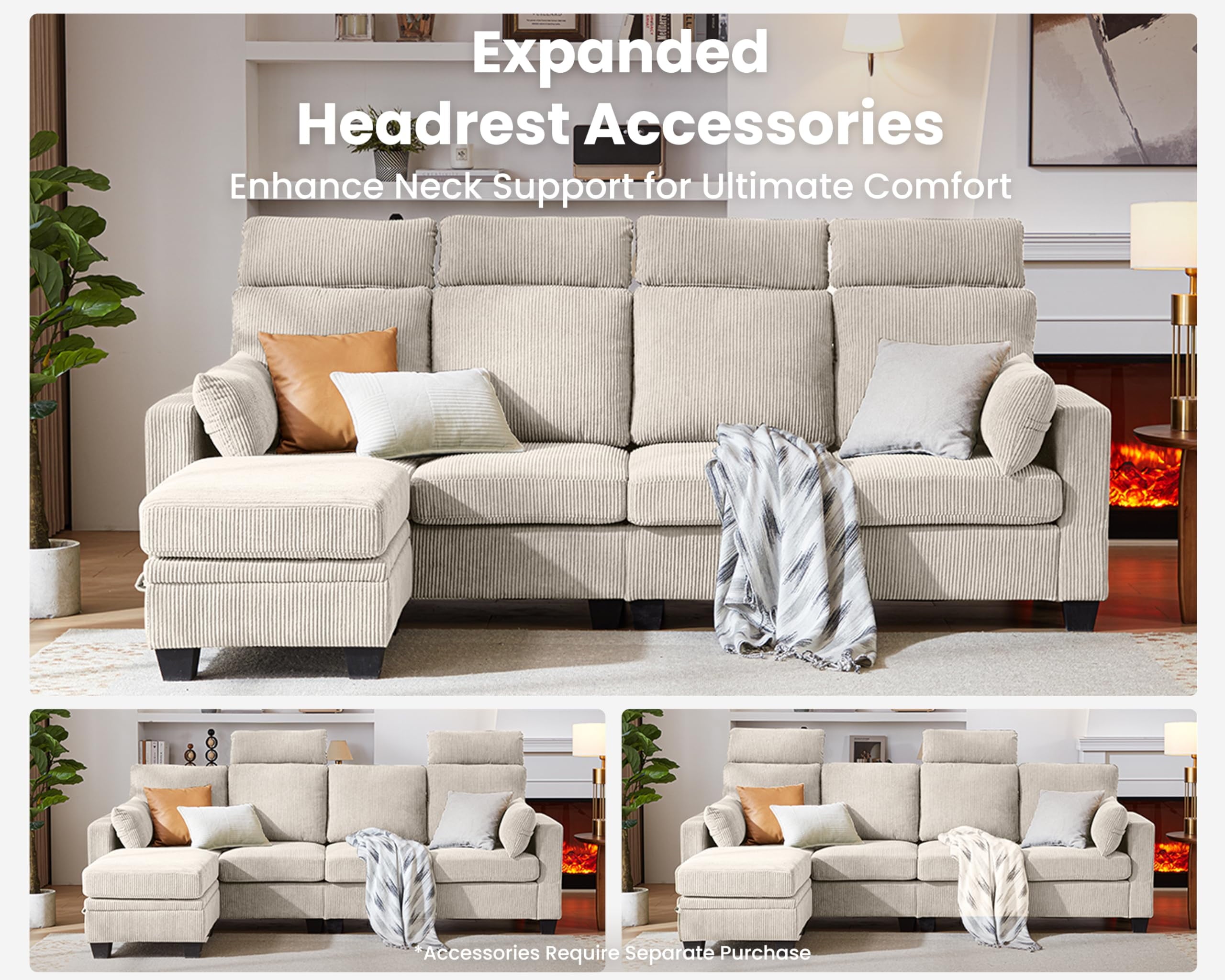 CHIC HOUSE 111" Sectional Sofa with Storage Ottoman Chaise, Corduroy U Shaped Sofa Convertible Sectional Couches for Living Room, 6 Seater Corner Modular Sofa with Deep Seat Throw Pillows,Beige