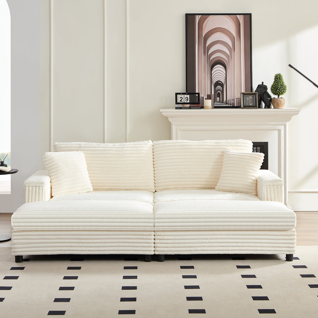 Mjkone 85’’ Loveseat Sectional Sofa with 2 Ottoman,Corduroy Deep Seat Couch with Storage Armrests Living Room Furniture,Beige