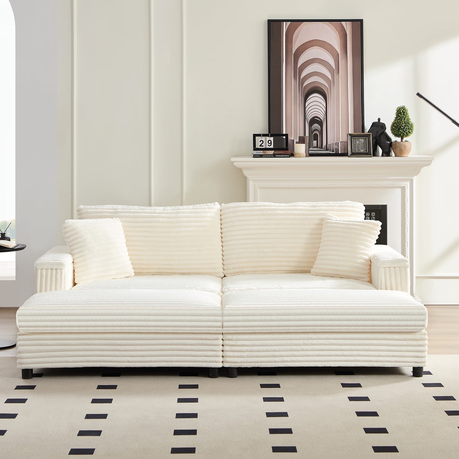 Mjkone 85’’ Loveseat Sectional Sofa with 2 Ottoman,Corduroy Deep Seat Couch with Storage Armrests Living Room Furniture,Beige