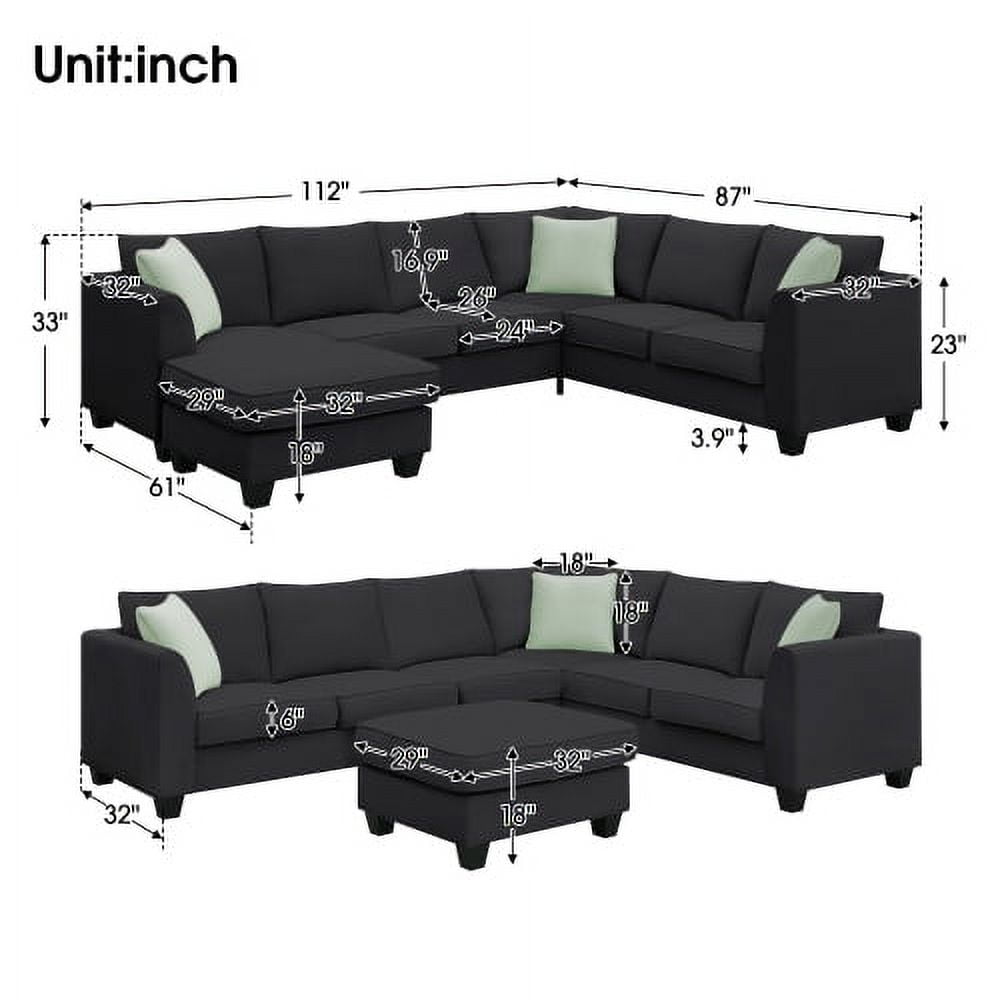 Harper & Bright Designs Convertible Sectional Sofa with Storage Ottoman, Modern Modular Sofa Sets L Shape Couches with 3 Pillows, for Living Room Furniture, Black