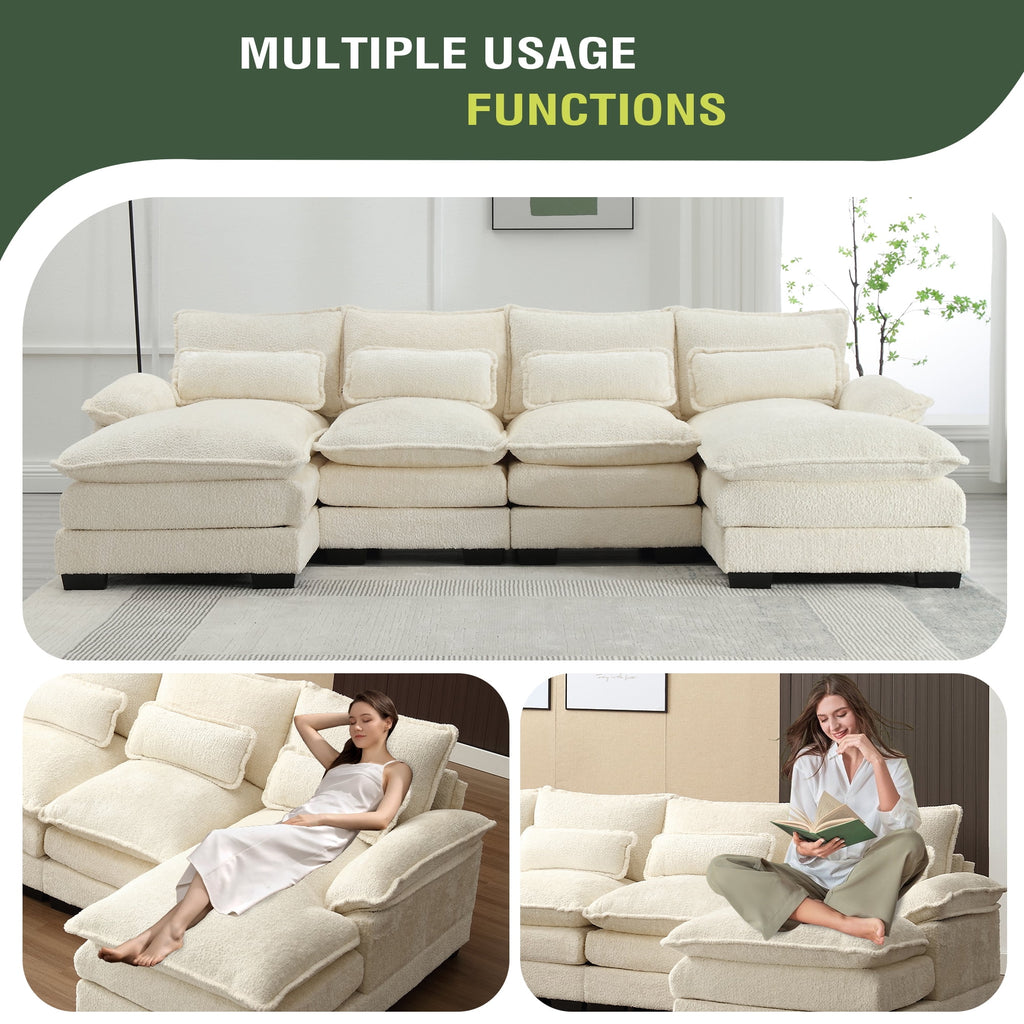 Villeston Modern U-Shape Sectional Sofa , 4 Seat Lounge Sleeper with Double Chaise for Living Room,Beige