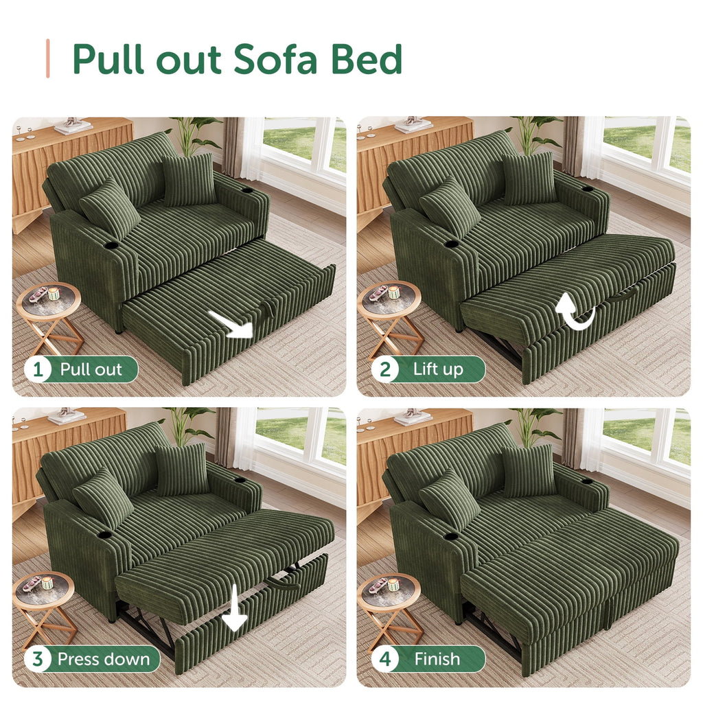 HONBAY Green 52” 3-in-1 Convertible Pull-Out Sofa Bed Sleeper Loveseat with Reclining Backrest, Built-in Cup Holders, Pet-Friendly Corduroy Sofa for Small Space