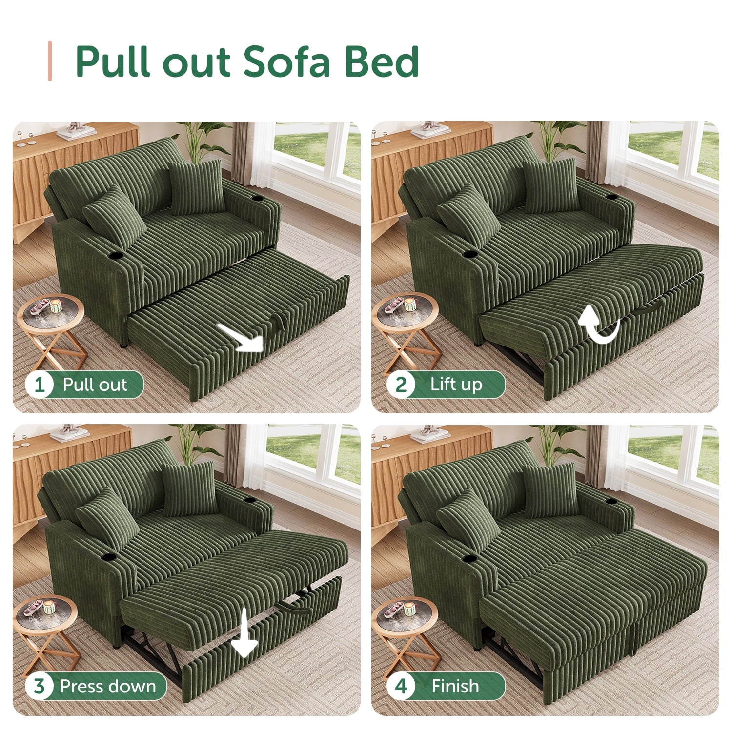 HONBAY Green 52” 3-in-1 Convertible Pull-Out Sofa Bed Sleeper Loveseat with Reclining Backrest, Built-in Cup Holders, Pet-Friendly Corduroy Sofa for Small Space