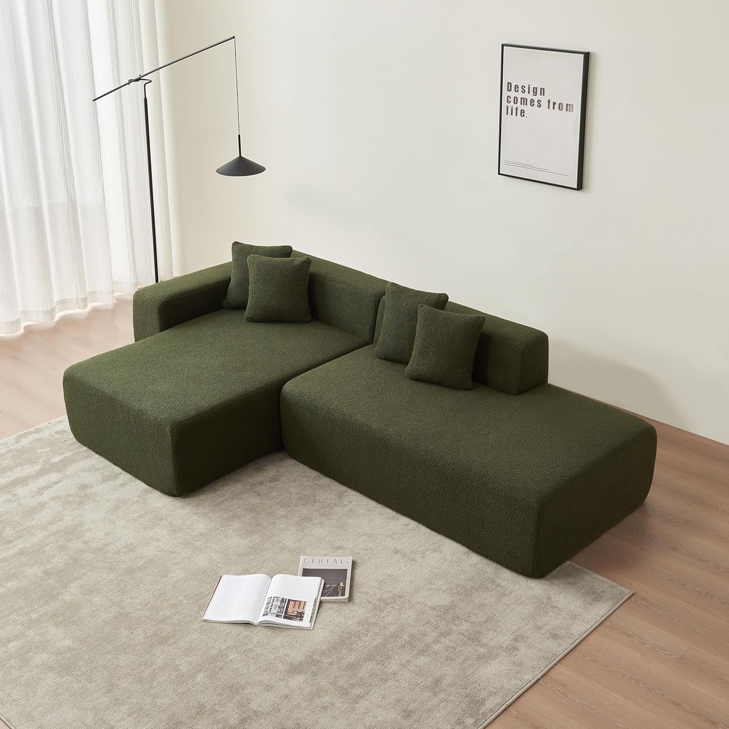 MSJh Modern 5-Seat Sherpa Fabric Sectional Couch for Living Room, Studio, Office & Apartment, Green