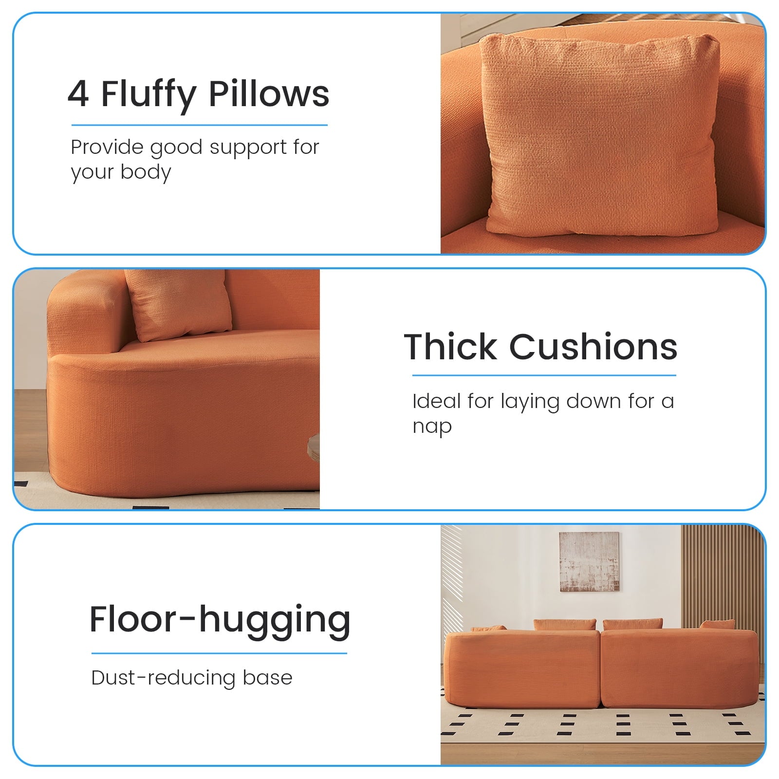 ZAFLY 113”w Oversized Sofa, Deep Seat Cloud Couch with 4 Cushions, Modern Curved Couch for Living Room, No Assembly Required - Orange