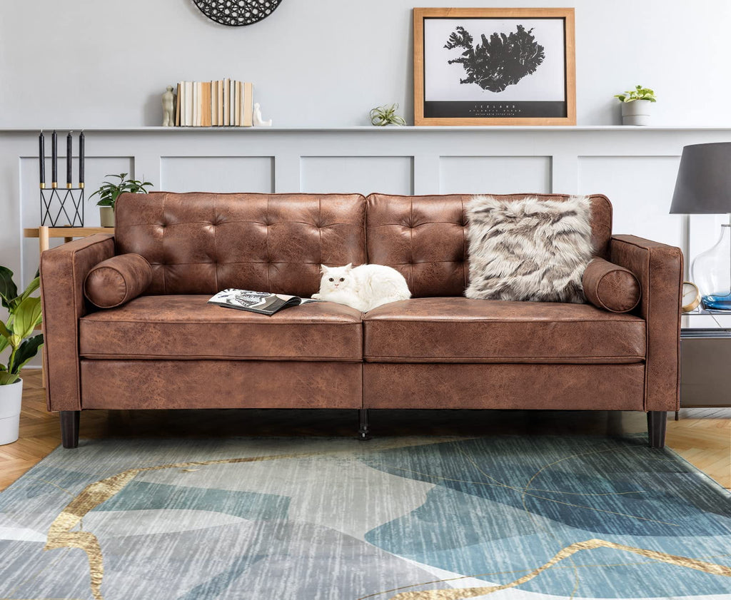 AECOJOY Leather Couch Sofa 84.2" Mid-Century Sectional Sofa 3 Seater Office Sofa on Clearance,Saddle Brown