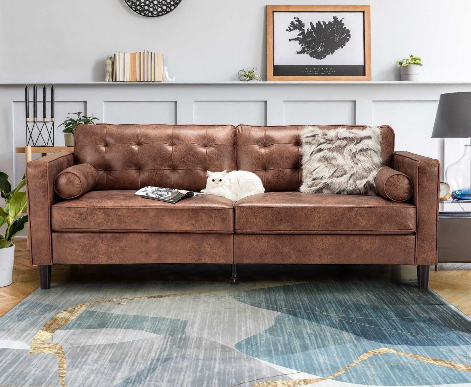 AECOJOY Leather Couch Sofa 84.2" Mid-Century Sectional Sofa 3 Seater Office Sofa on Clearance,Saddle Brown