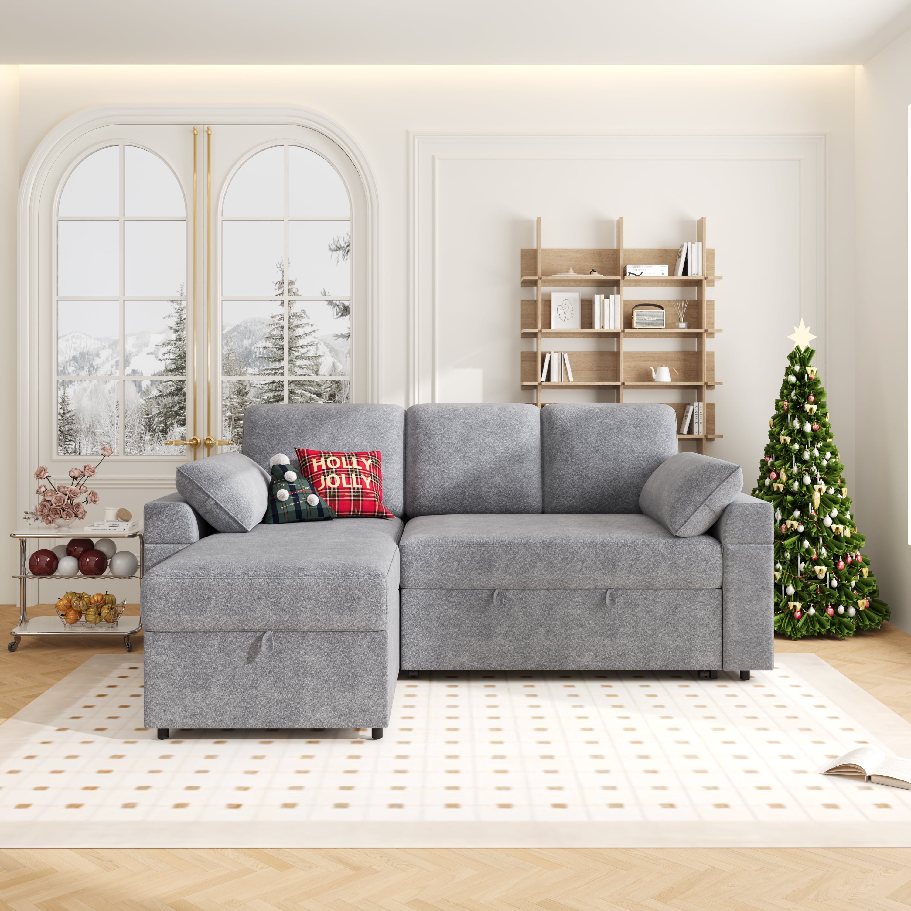 VANACC 91" Sectional Sofa Bed with Storage,Reversible Pull Out Sleeper Couch for Living Room,Grey