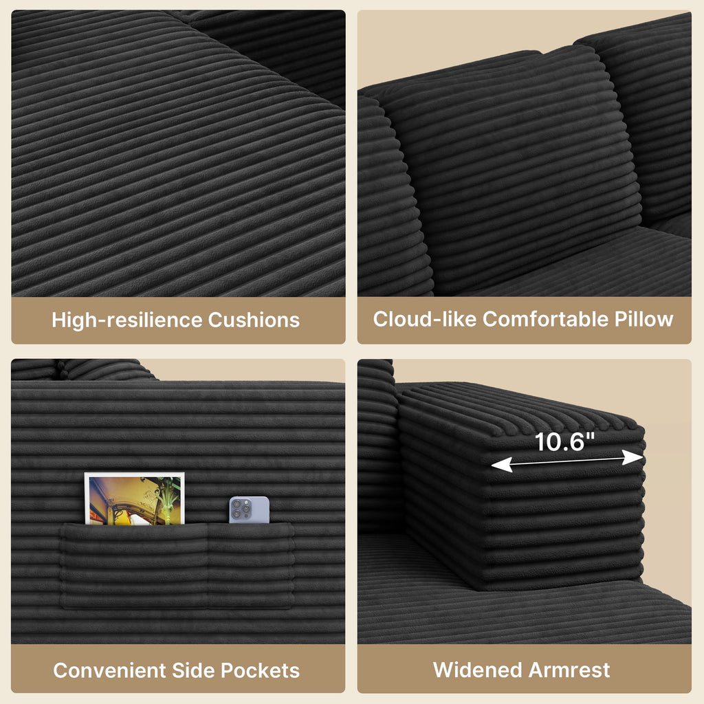 Modular Sectional Sofa, Lofka 105" Cloud Boneless Couch with L-Shape Chaise, No-Assembly Corduroy Couches for Living Room, Bedroom, Black Couch